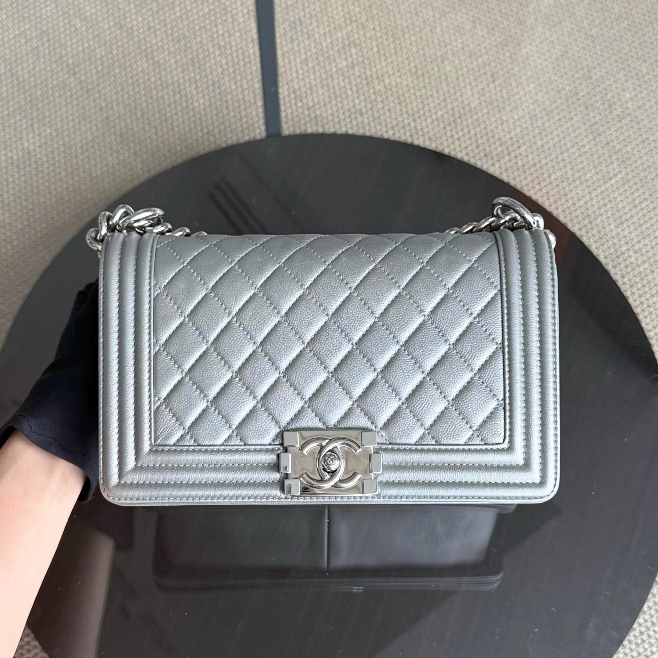 Chanel Boy Medium - Caviar 25CM Quilted Iridescent Silver Hardware Sereis 24