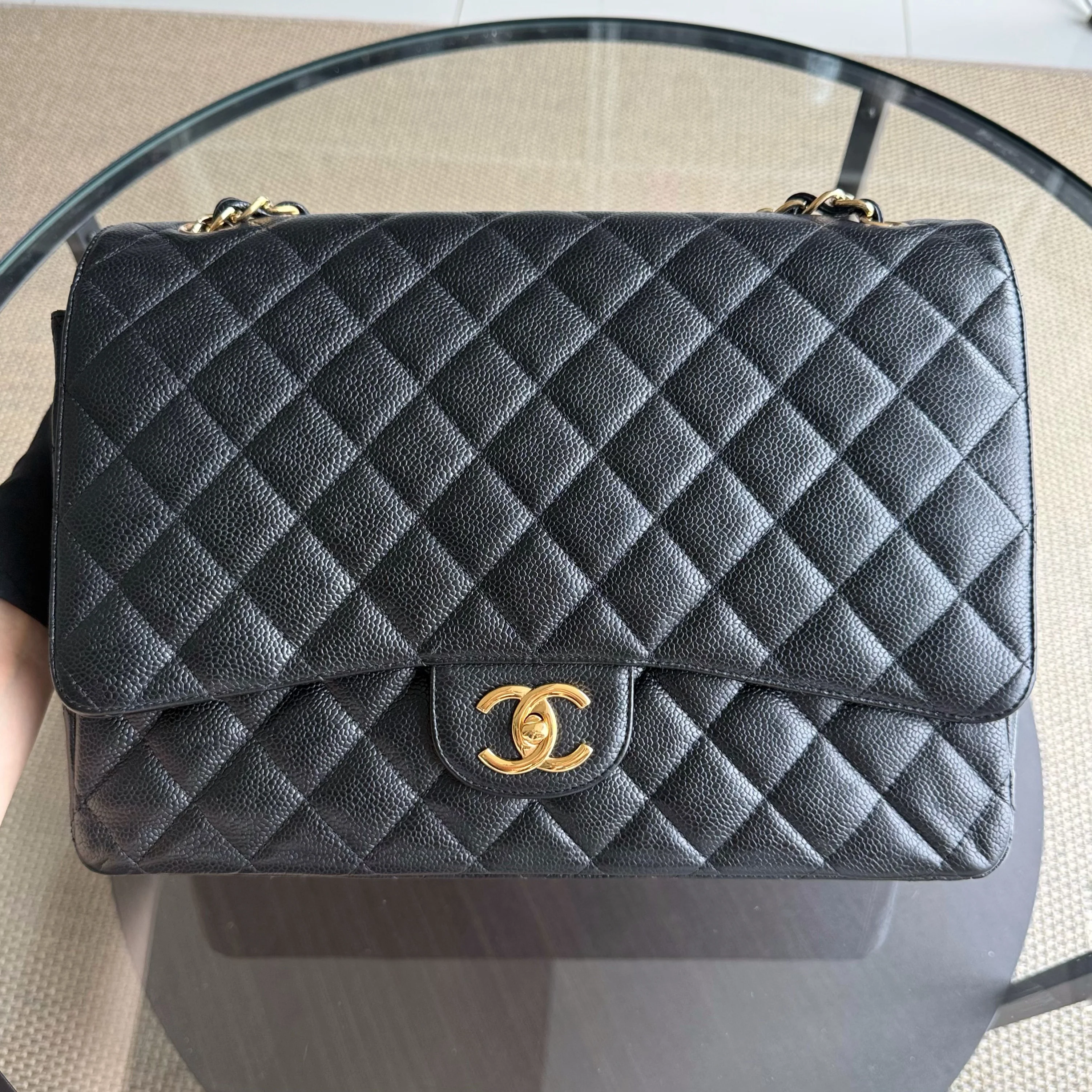 Chanel Classic Flap Maxi - Caviar Double Flap 33CM Quilted Grained Calfskin Black Gold Hardware Series 14