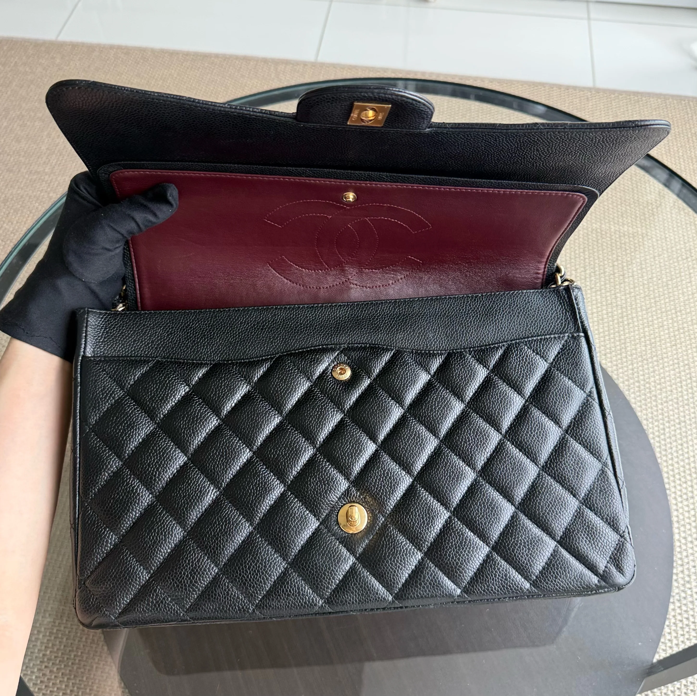 Chanel Classic Flap Maxi - Caviar Double Flap 33CM Quilted Grained Calfskin Black Gold Hardware Series 14