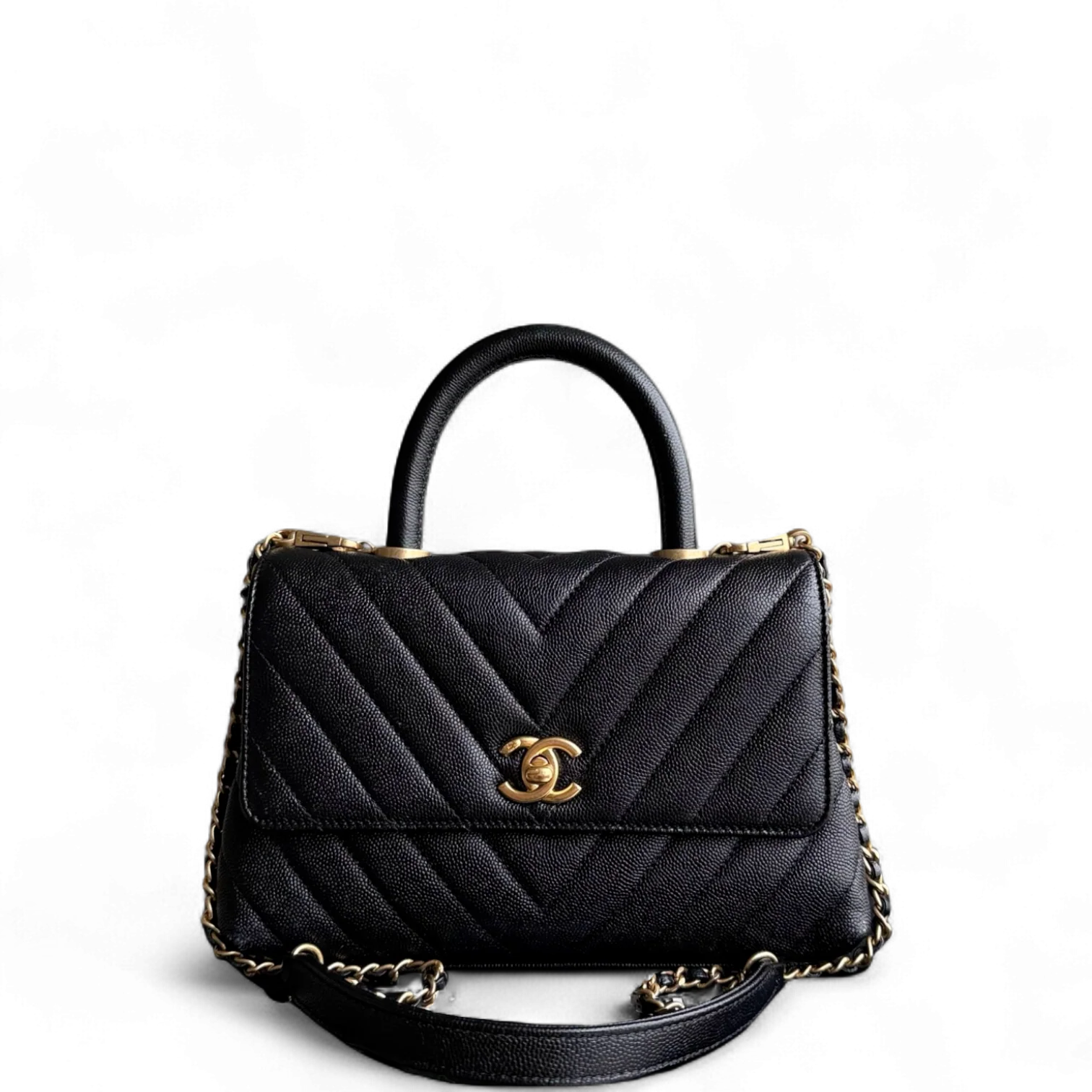 Chanel Coco Handle Small - Caviar Chevron Grained Calfskin Black Gold Hardware Series 26