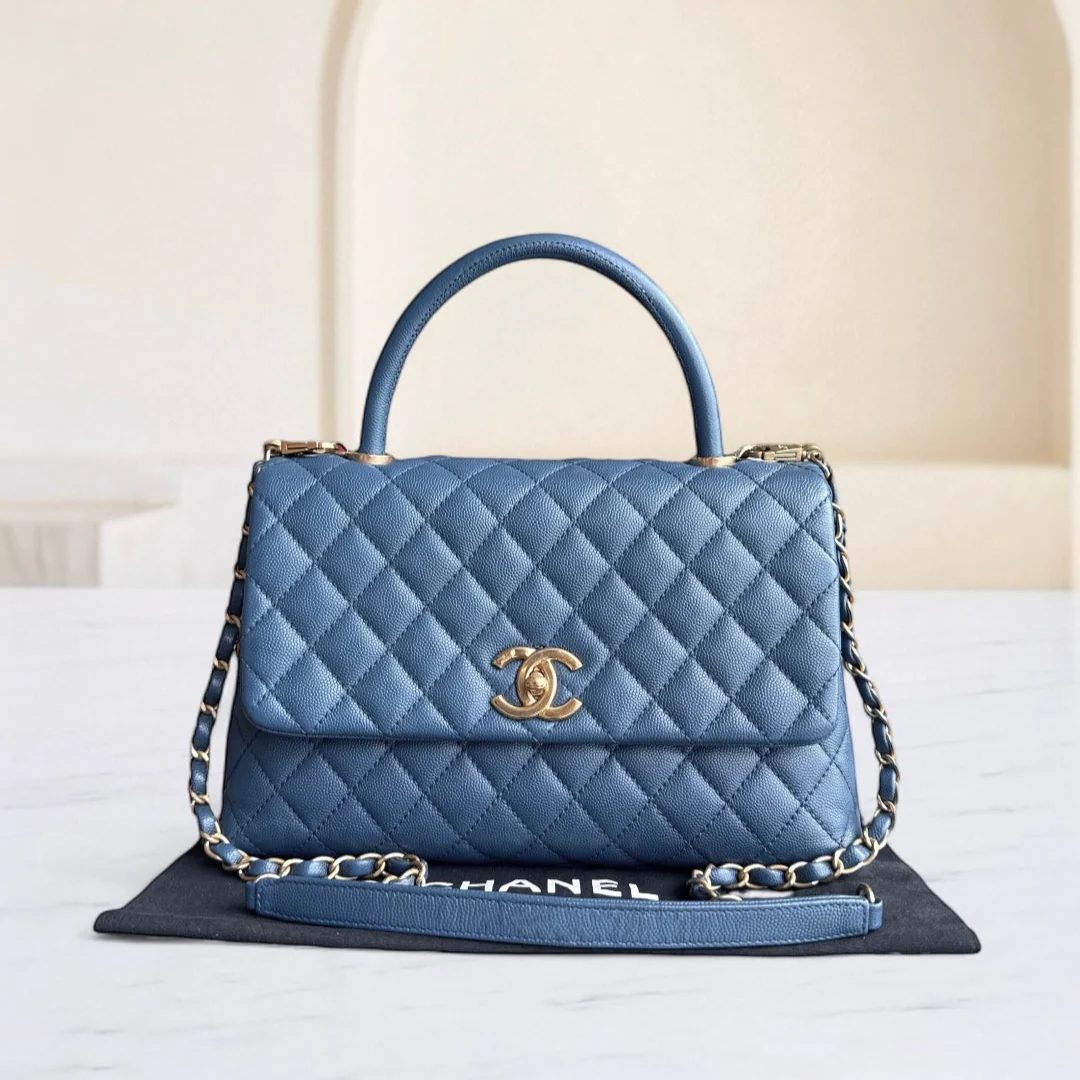 Chanel Coco Handle Medium - Caviar Quilted Blue Grained Calfskin Gold Hardware Series 23