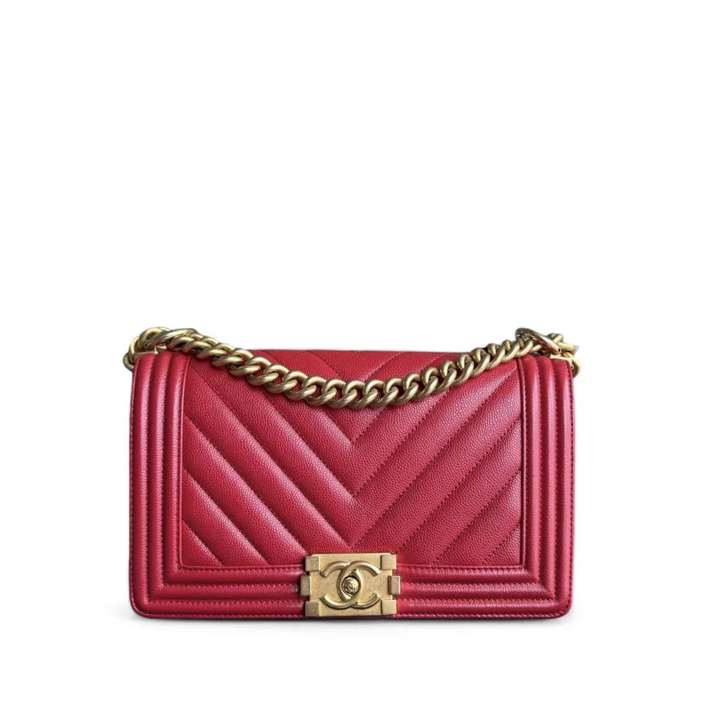 Chanel Boy Medium - 25CM Chevron Red Gold Hardware Series 25