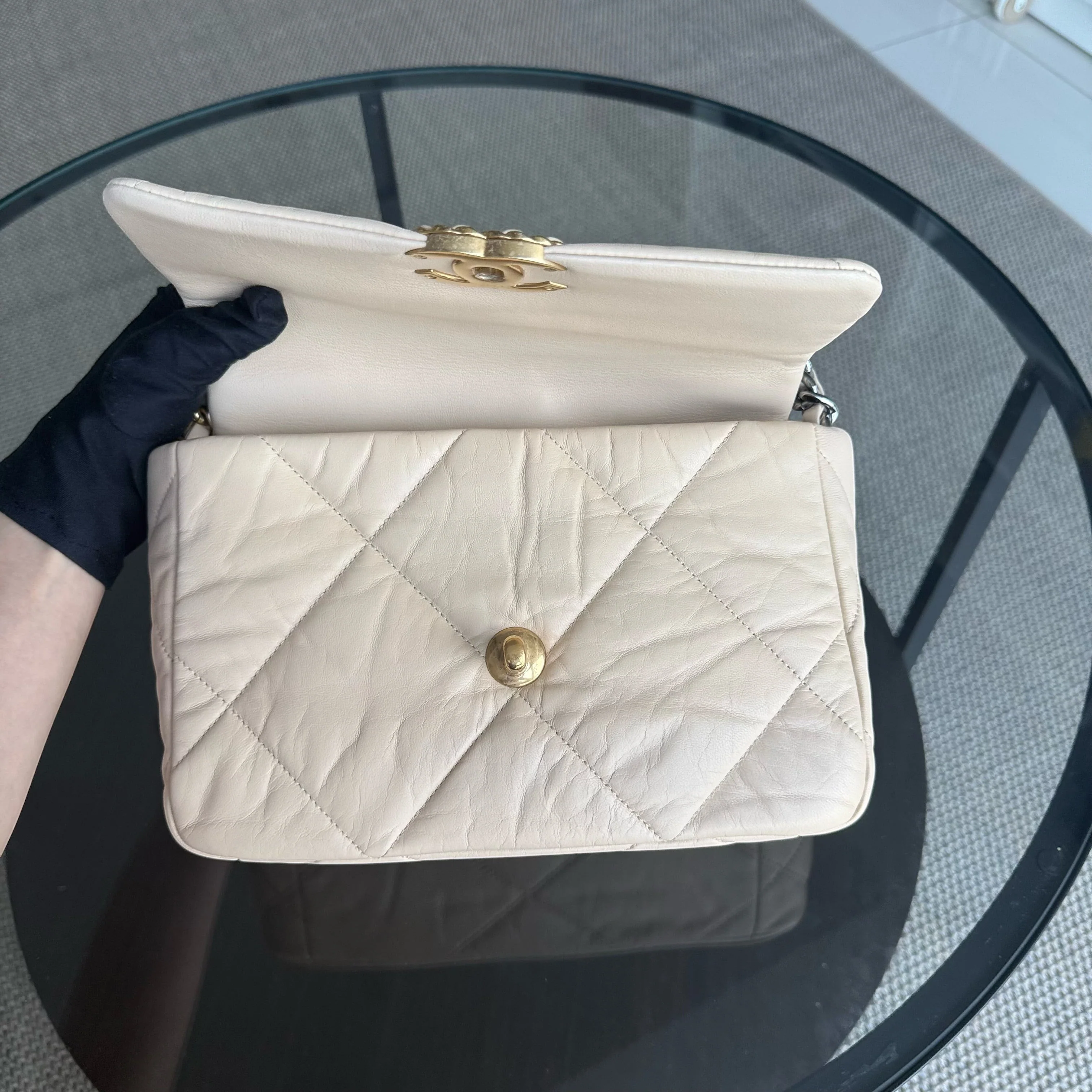 Chanel 19 Bag  Small- C19 Quilted Goatskin Light Beige Cream Two-tone Hardware Series 30