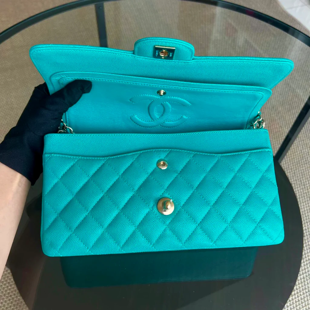 Chanel Classic Flap Medium - Caviar 25CM Quilted Cyan Blue Gold Hardware Series 23