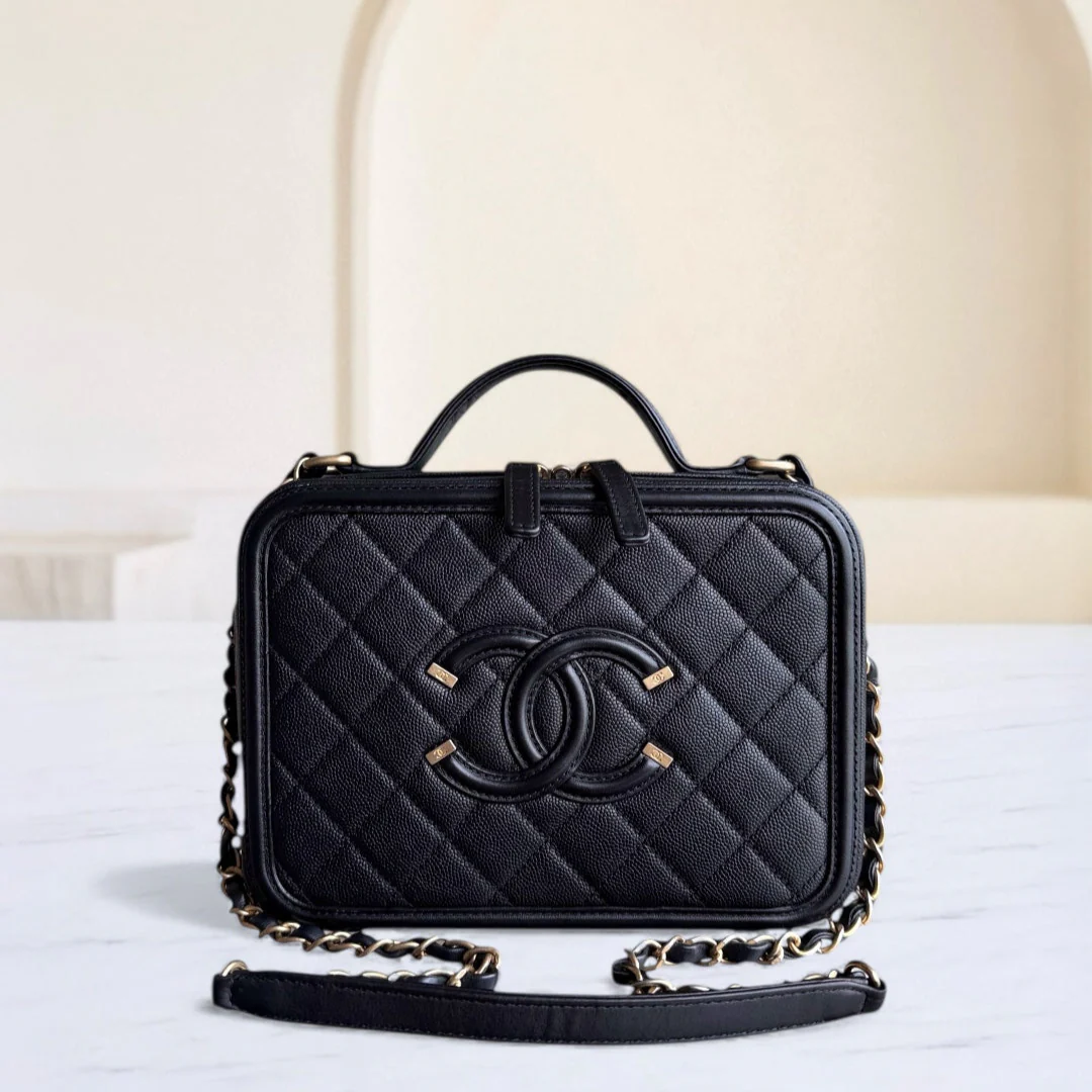 Chanel Filigree Vanity Case Medium - Caviar Quilted Grained Calfskin Black Gold Hardware Series 25