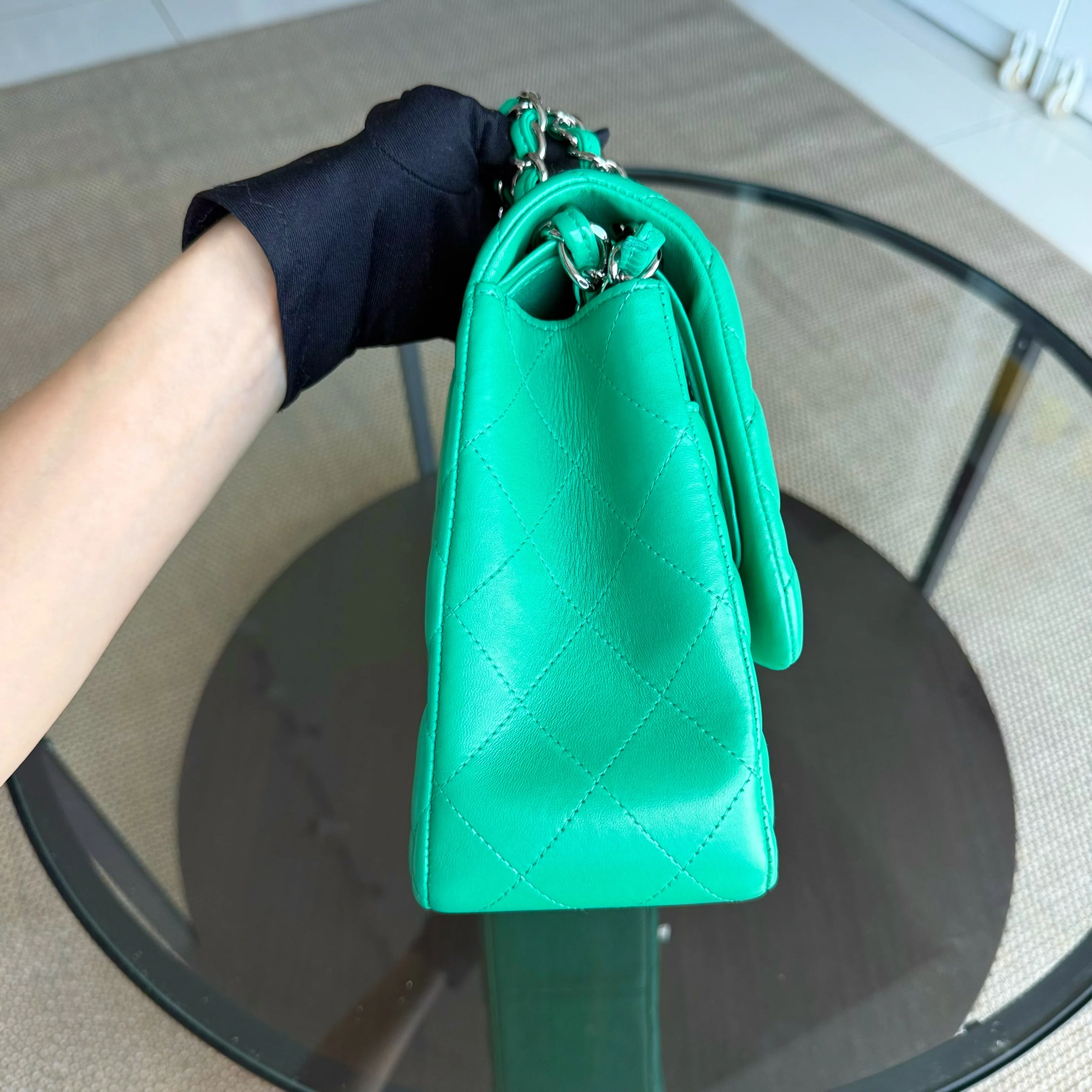 Chanel Classic Flap Jumbo - Double Flap 30CM Quilted Lambskin Green Silver Hardware Series 16