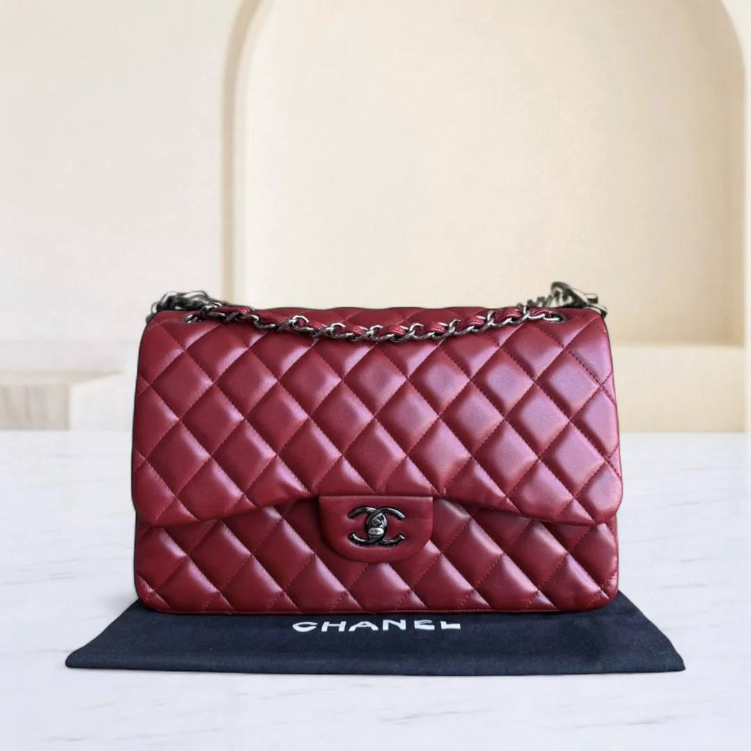 Chanel Classic Flap Jumbo - Double Flap 30CM Quilted Lambskin Dark Red Silver Hardware Series 15