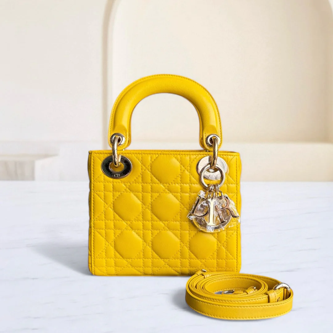Dior Lady Mini - Cannage Lambskin Yellow Gold Hardware Adjustable Strap