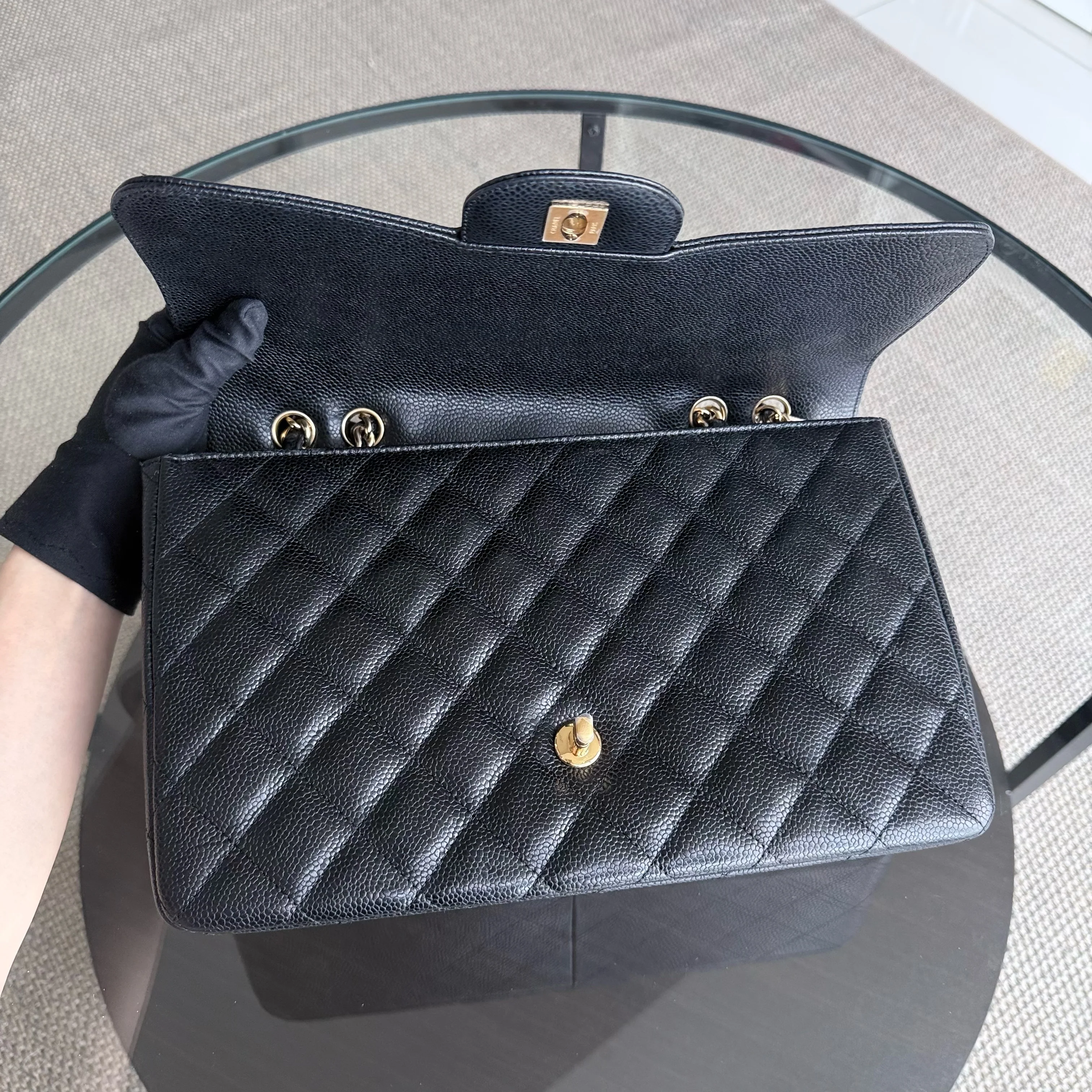Chanel Classic Flap Jumbo - Caviar 30CM Single Flap Quilted Black Gold Hardware Series 13