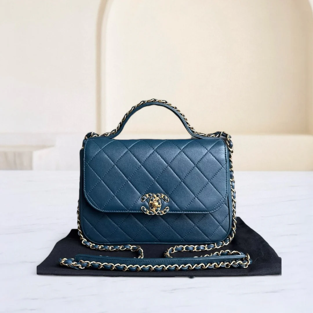 Chanel 19 Bag Flap - C19 With Top Handle Quilted Lambskin Navy Blue Gold Hardware Series 28
