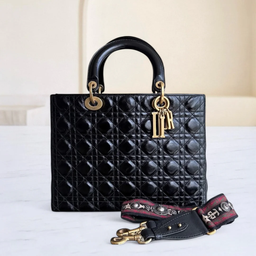 Dior Lady Large Flap - Glazed Calfskin Cannage Black Gold Hardware