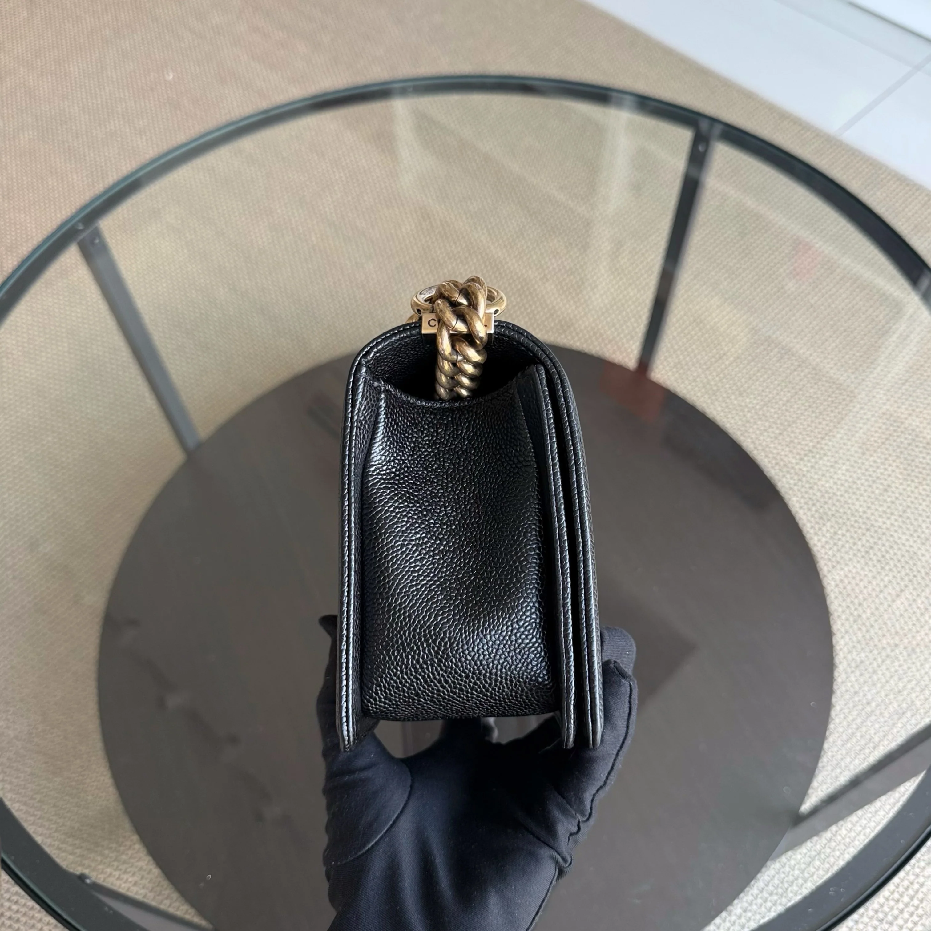 Chanel Boy Old Medium - Caivar Quilted Grained Calfskin Black Ruthenium Gold Hardware Series 19