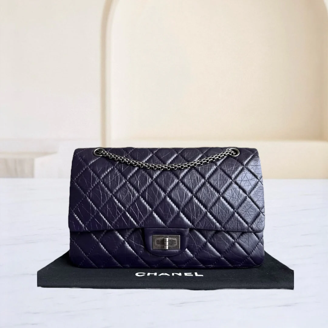 Chanel 2.55 Reissue 227 Large - Cannage Aged Calfskin Dark Violet Purple Ruthenium Silver Hardware Series 17