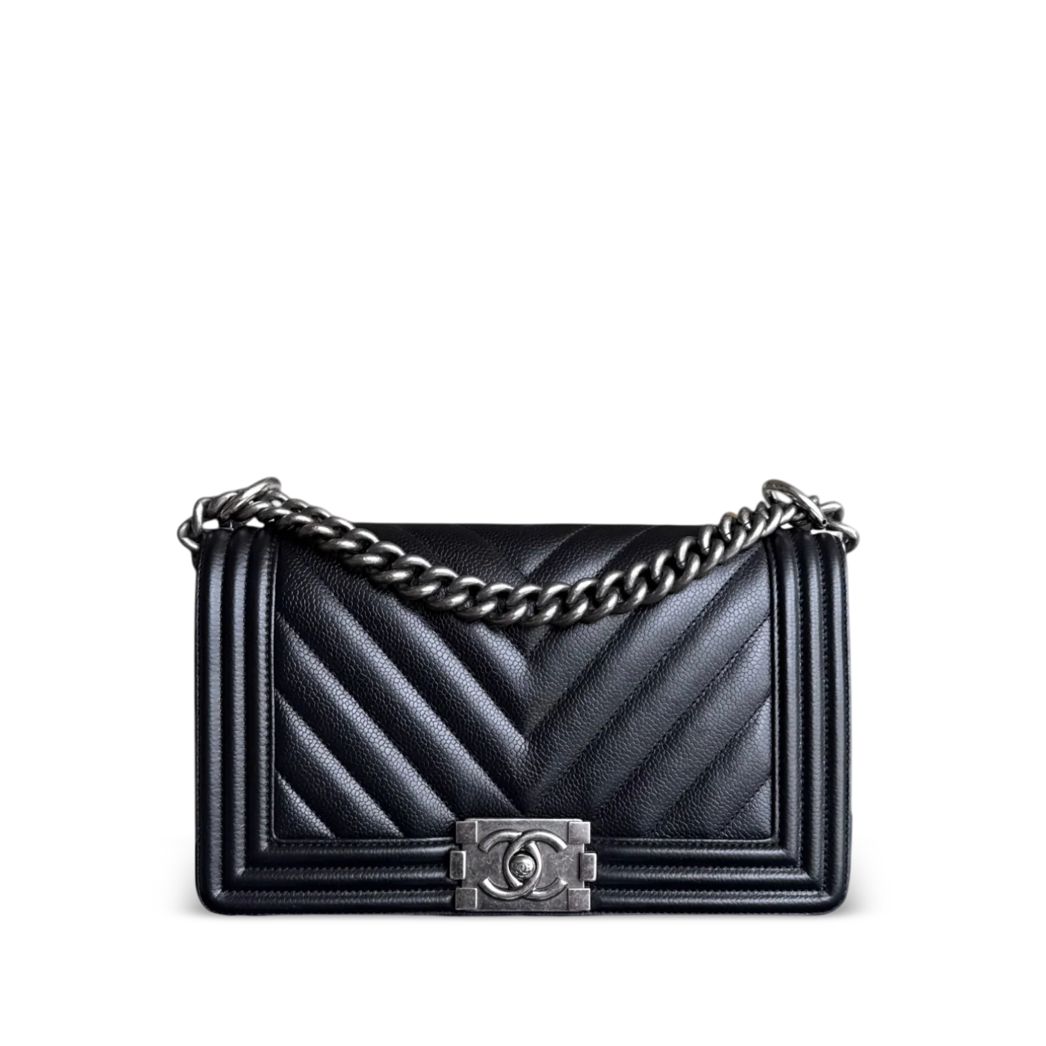 Chanel Boy Medium - 25CM Chevron Caviar Black Ruthenium Silver Hardware Series 29