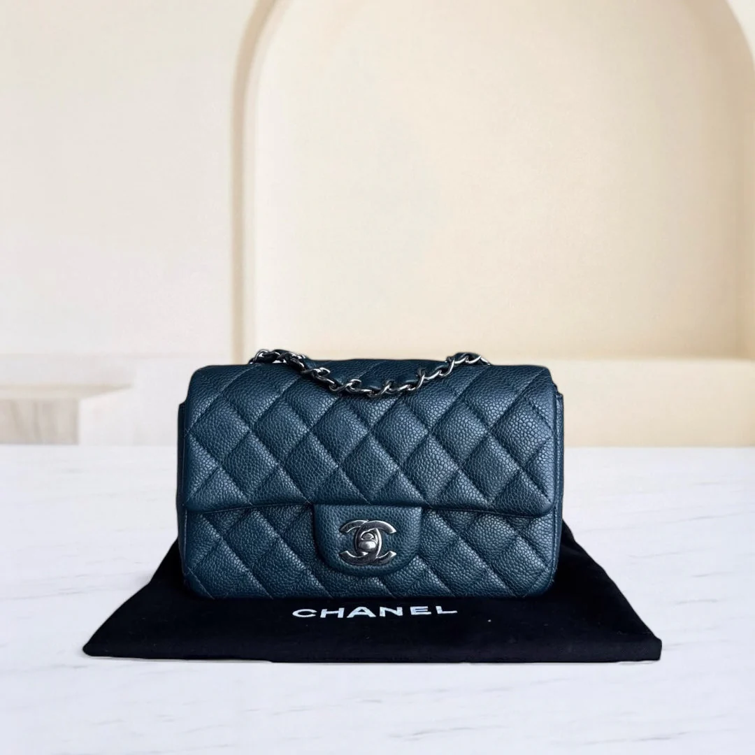 Chanel Classic Flap Mini - 20CM Caviar Quilted Dark Blue Green Silver Hardware Series 20