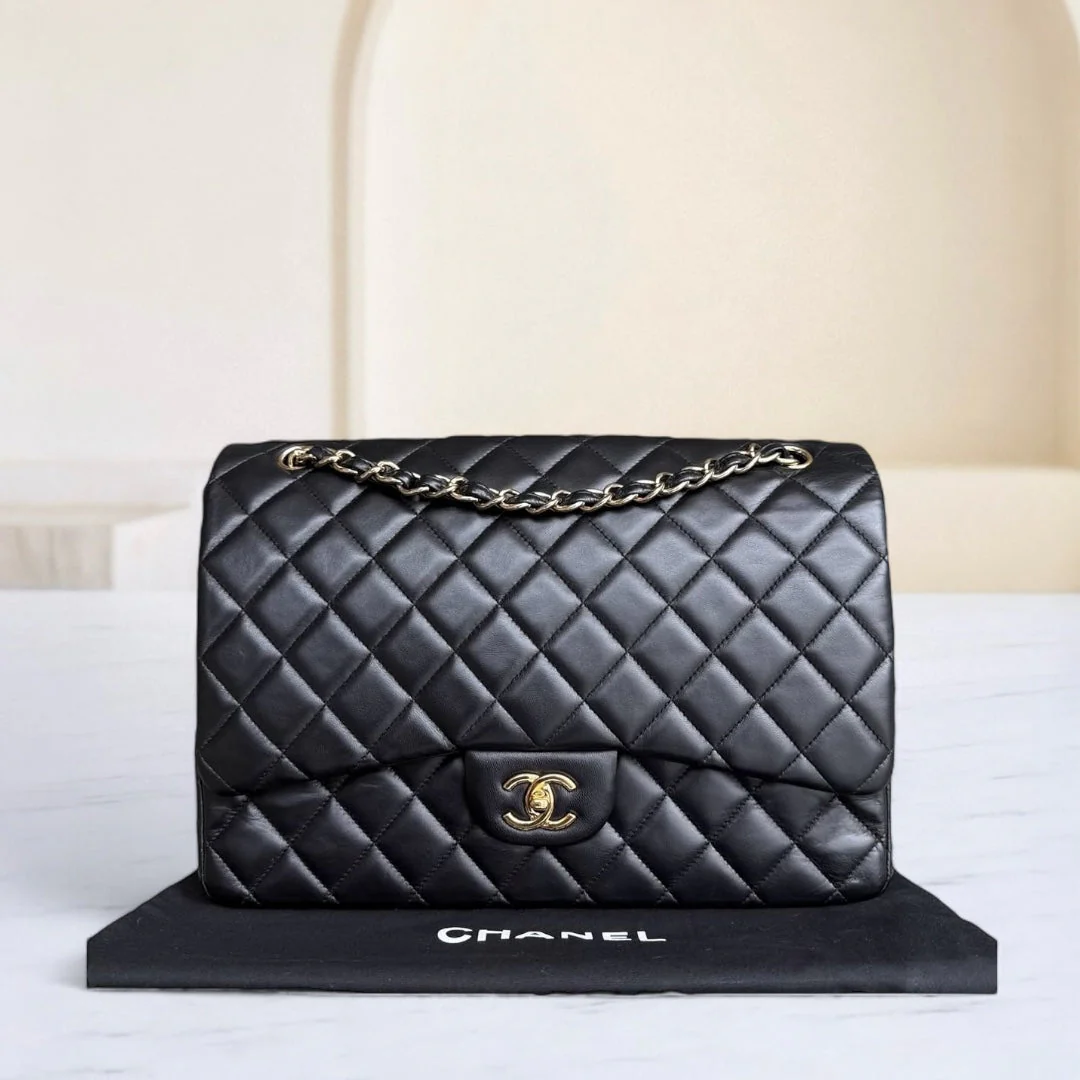 Chanel Classic Flap Maxi - 34CM Quilted Single Flap Lambskin Black Gold Hardware Series 13