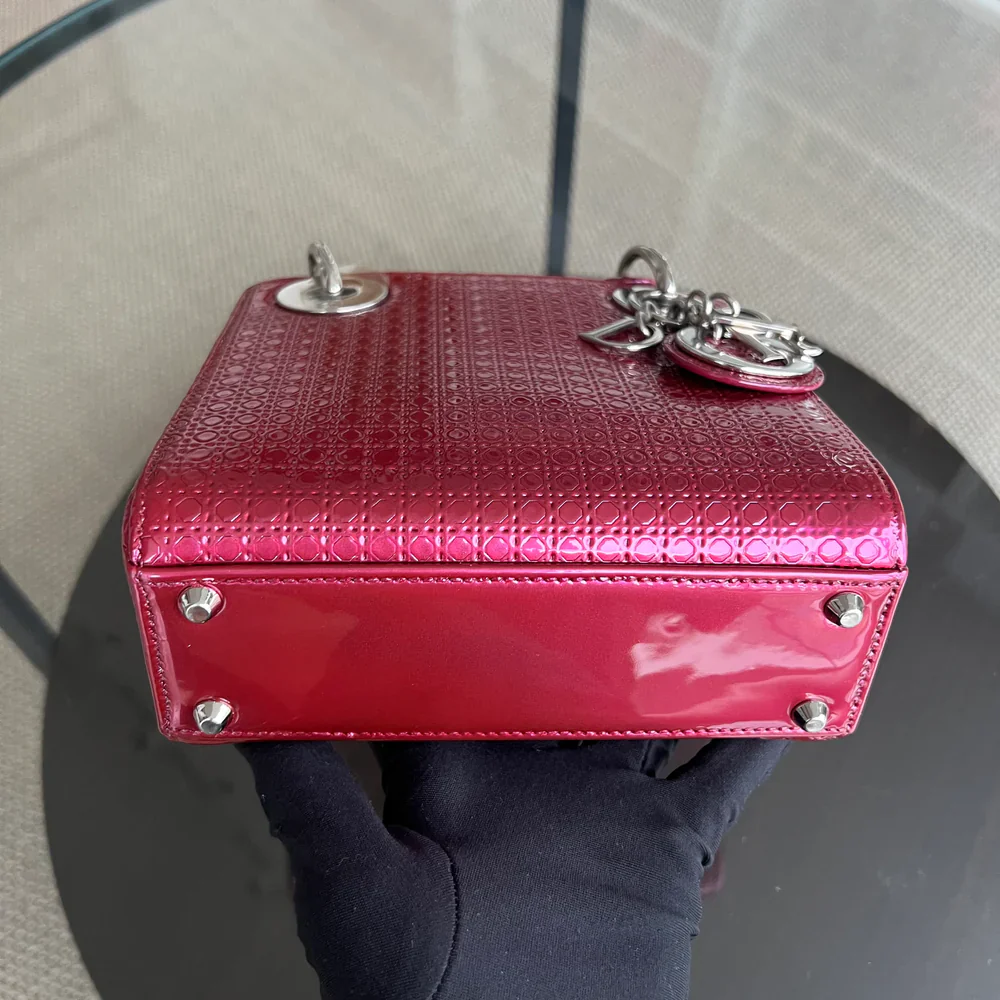 Dior Lady Mini - Calfskin Micro-Cannage Metallic Pink Silver Hardware Adjustable Strap