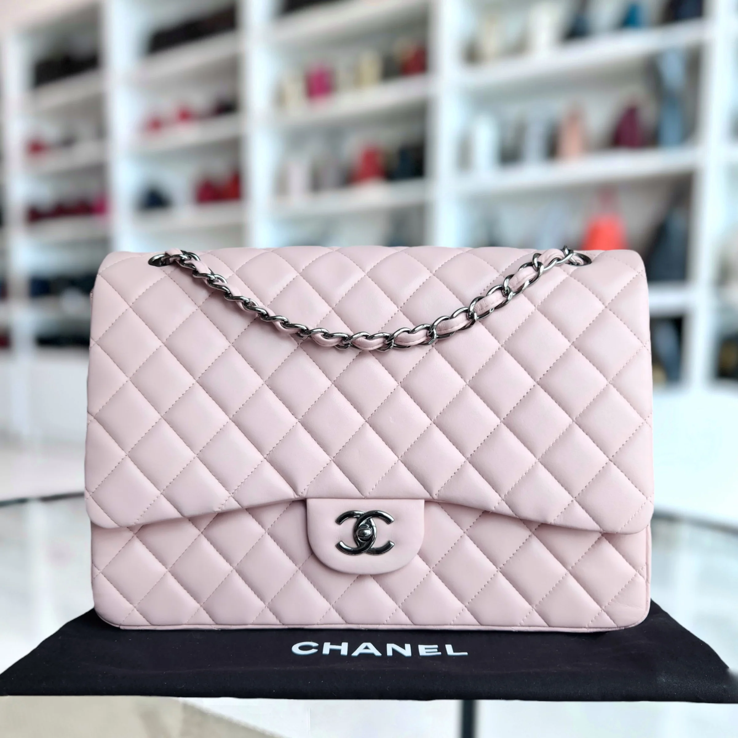 Chanel Classic Flap Maxi - 34CM Quilted Lambskin Single Flap Light Pink Silver Hardware Series 13