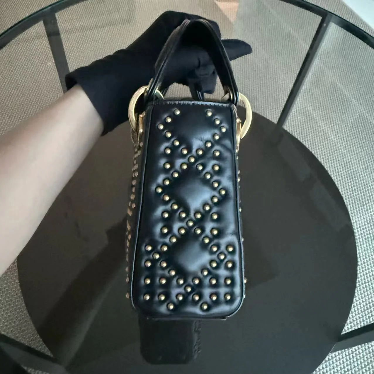 Dior Lady Mini Quilted Studded Lambskin Black Golden Hardware