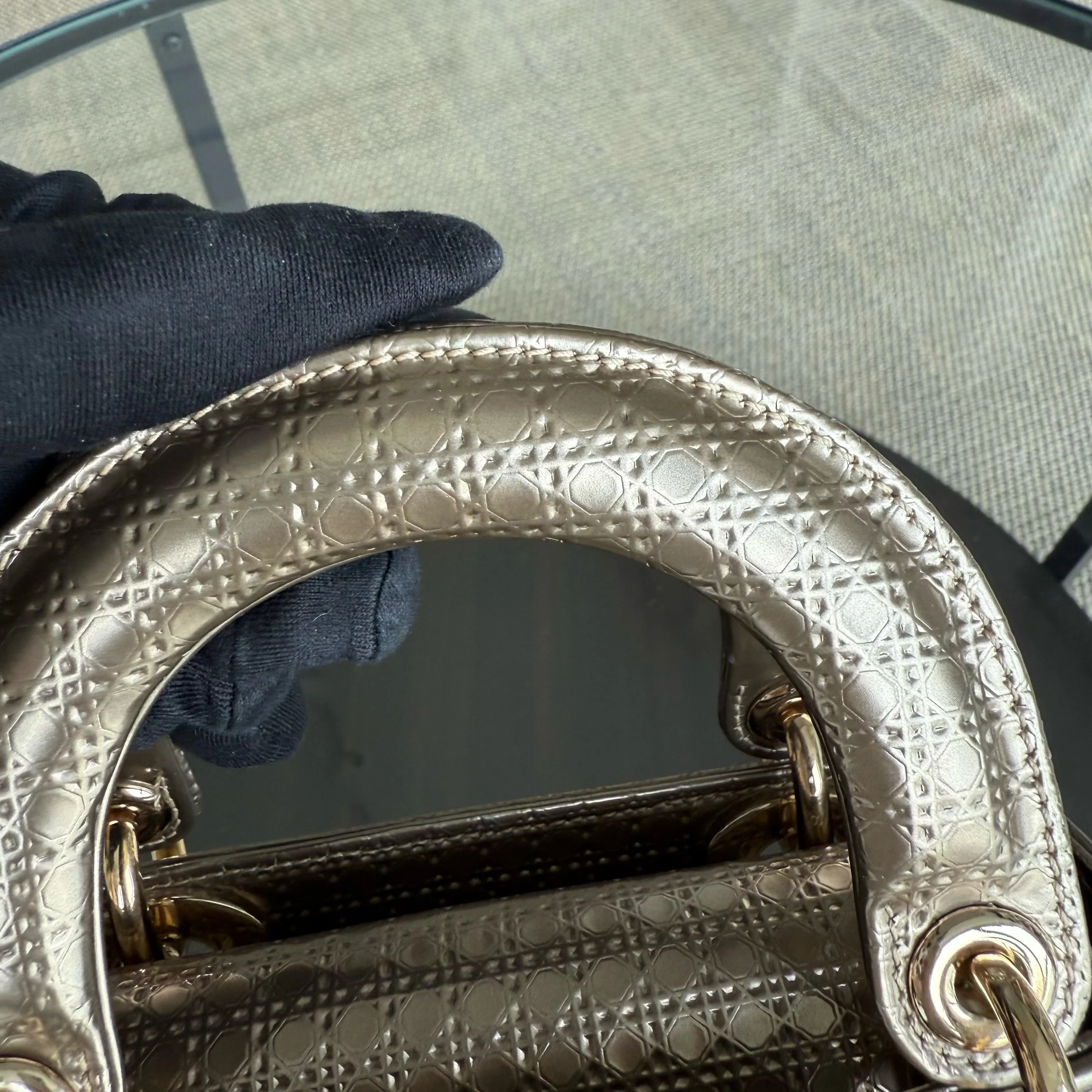 Dior Lady Mini - Calfskin Micro-Cannage Metallic Gold Gold Hardware Adjustable Strap