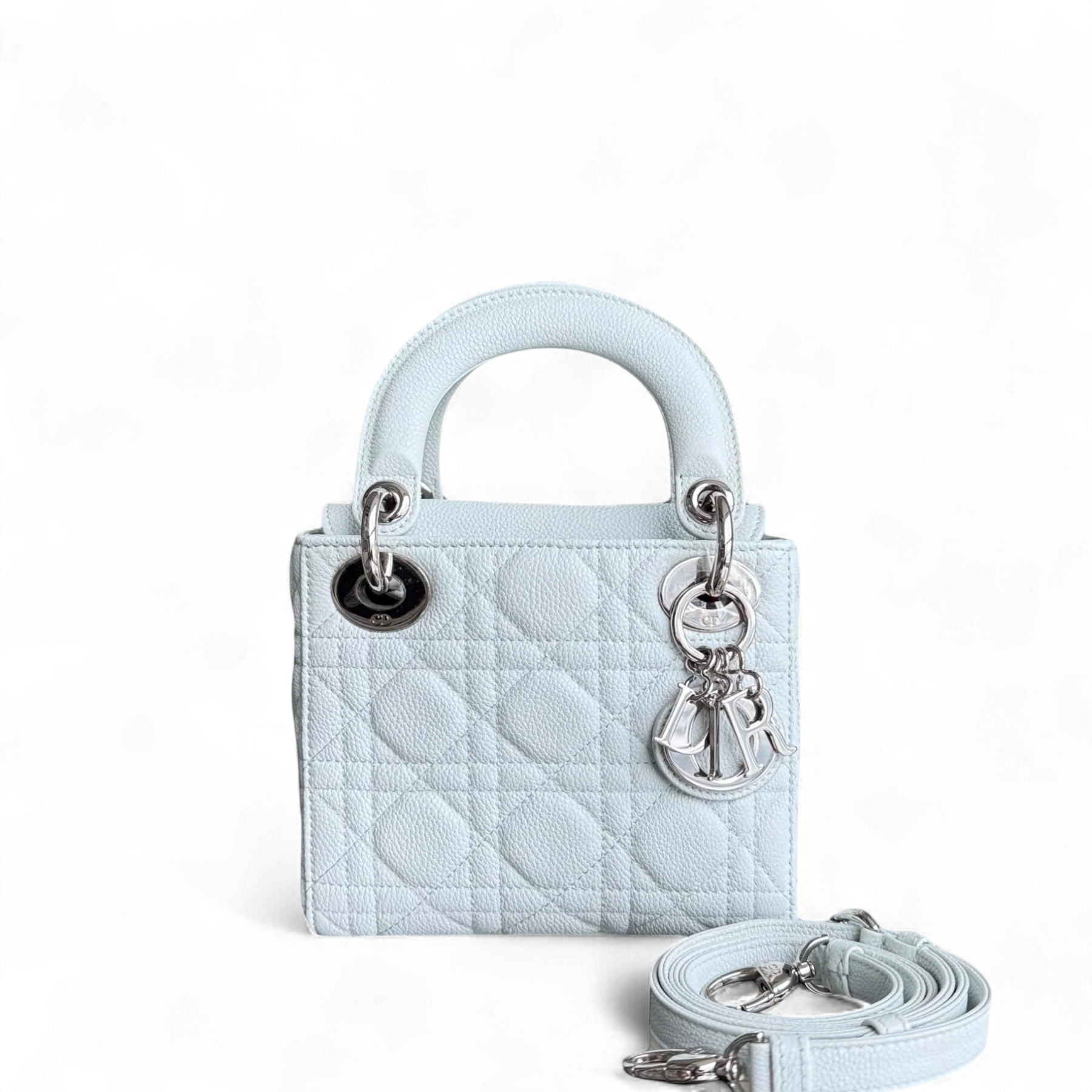 Dior Lady Mini - Grained Calfskin Cannage Glacier White Silver Hardware