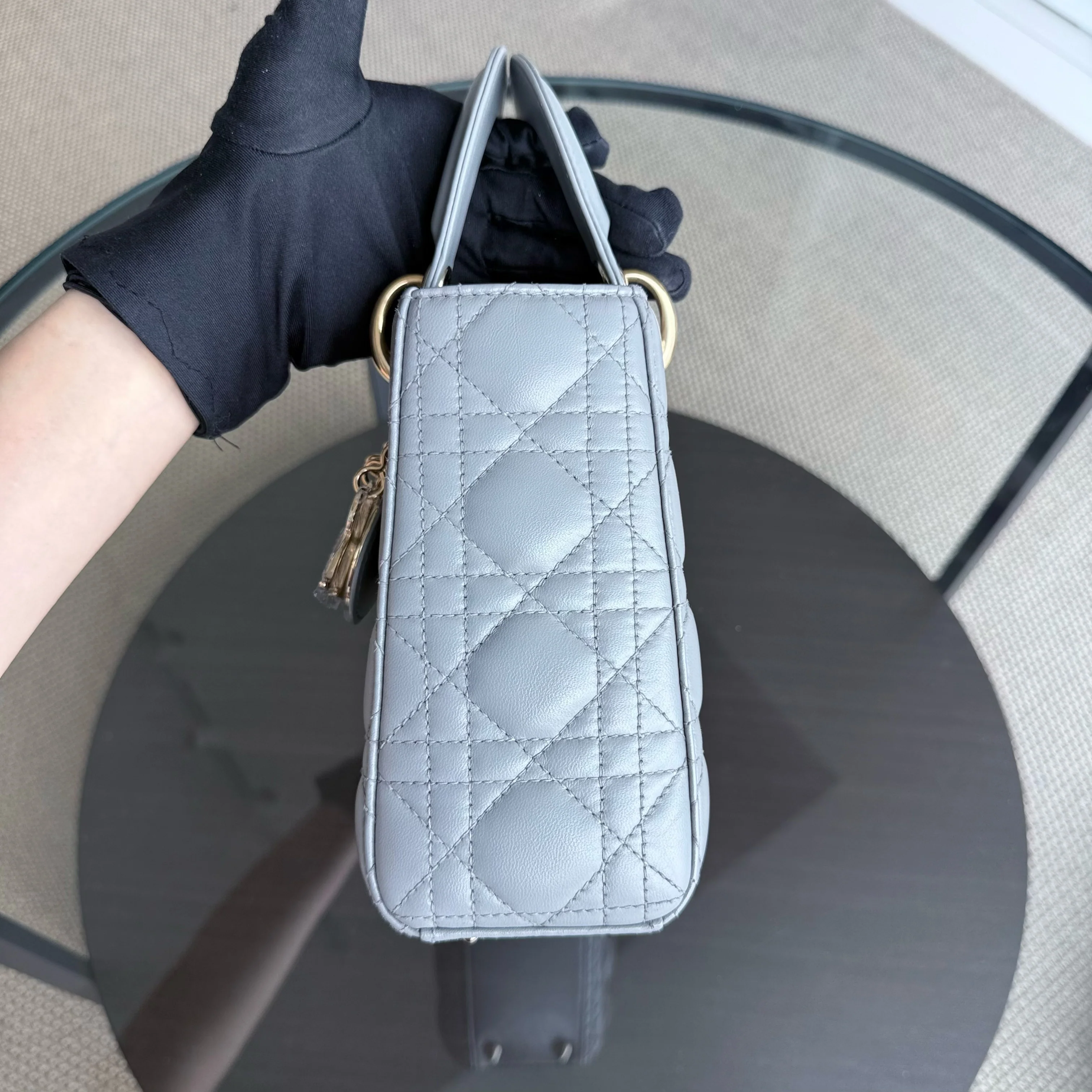 Dior Lady Small - Cannage Lambskin Light Grey Gray Gold Hardware