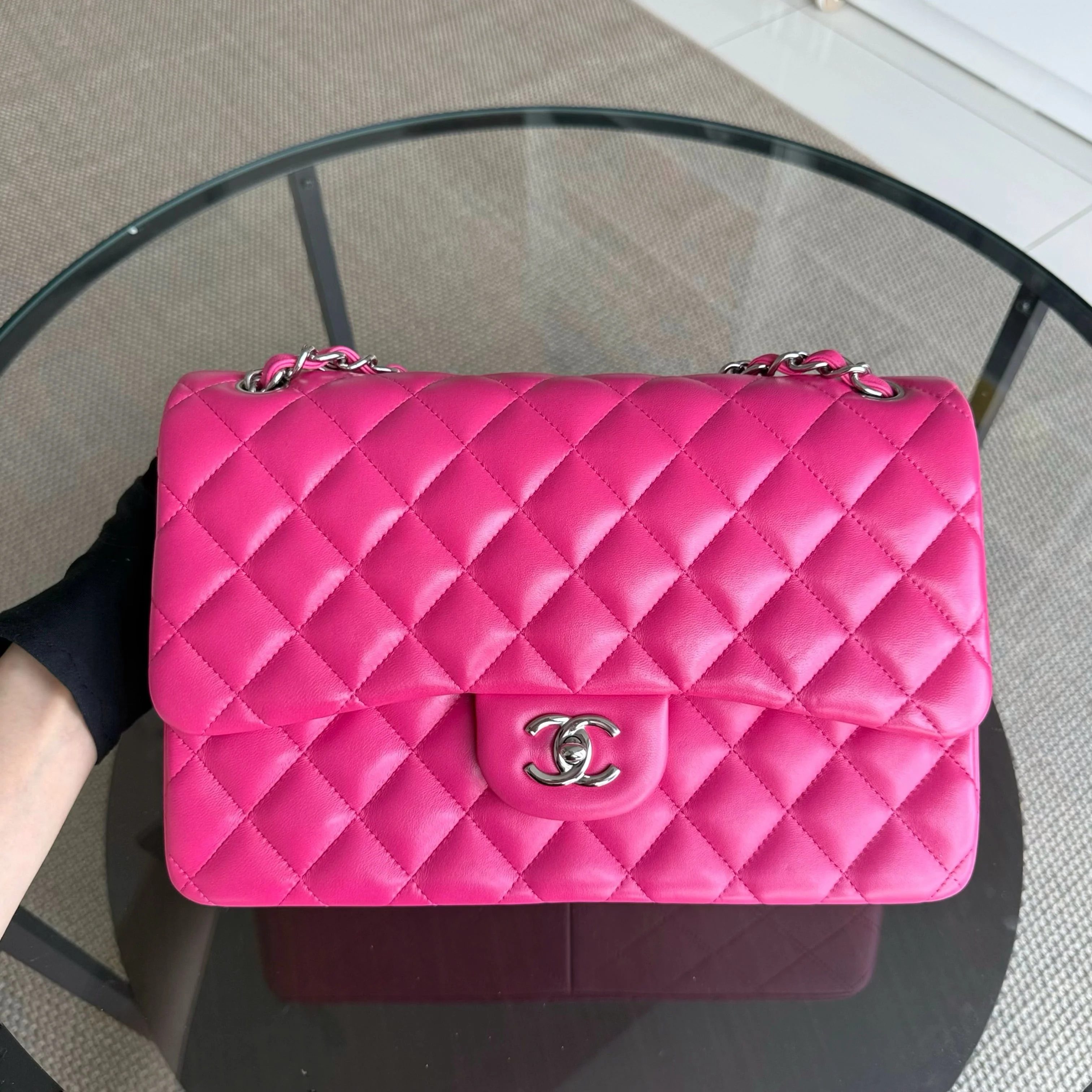 Chanel Classic Flap Jumbo - Double Flap 30CM Quilted Lambskin Pink Silver Hardware Series 19