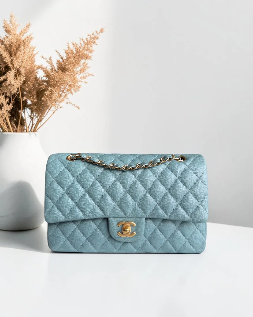 Chanel Classic Flap Medium - Caviar 25CM Quilted Grained Calfskin Light Blue Gold Hardware Series 25
