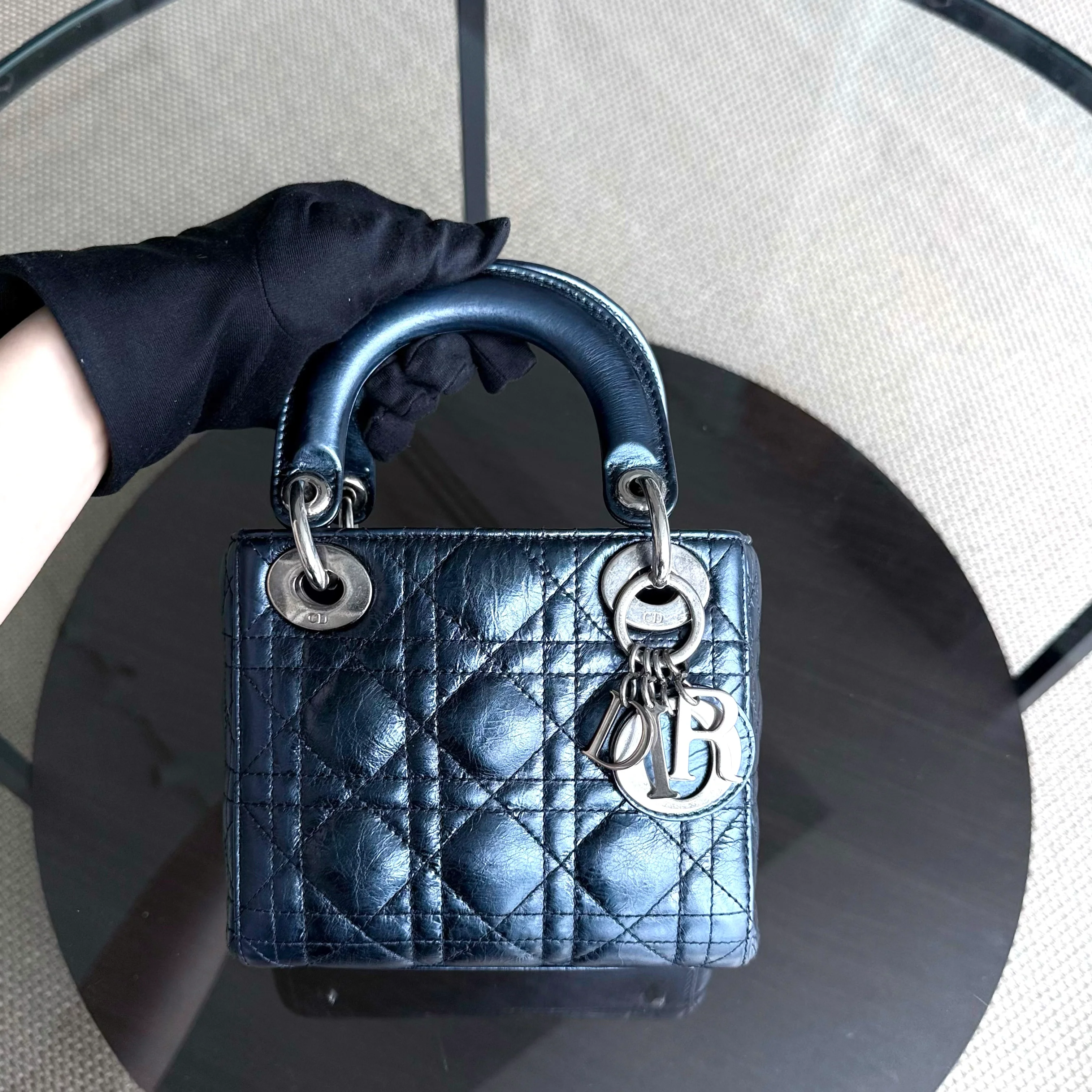 Dior Lady Mini - Cannage Glazed Calfskin Metallic Blue Silver Hardware