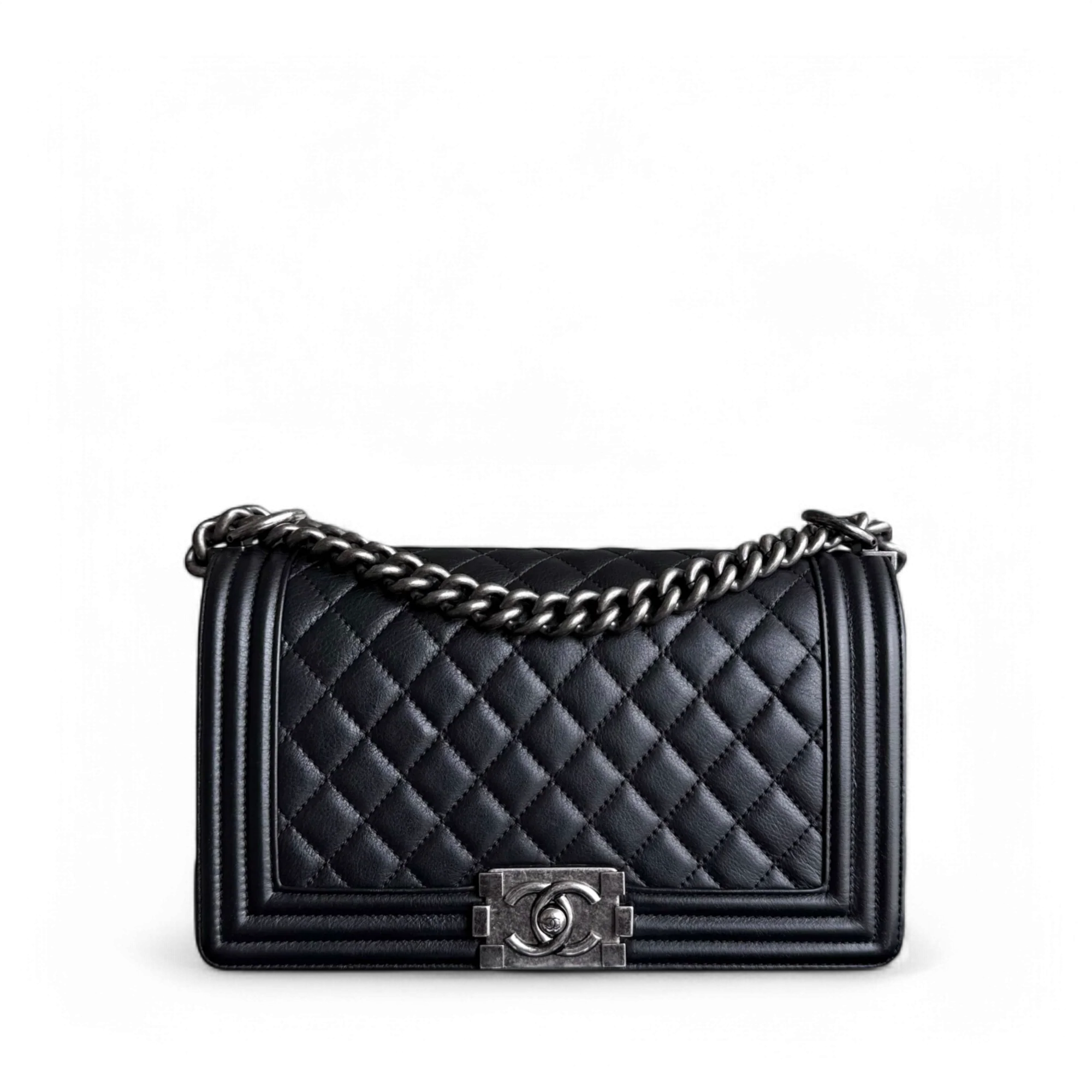 Chanel Boy Medium - 25CM Quilted Calfskin Black Ruthenium Silver Hardware