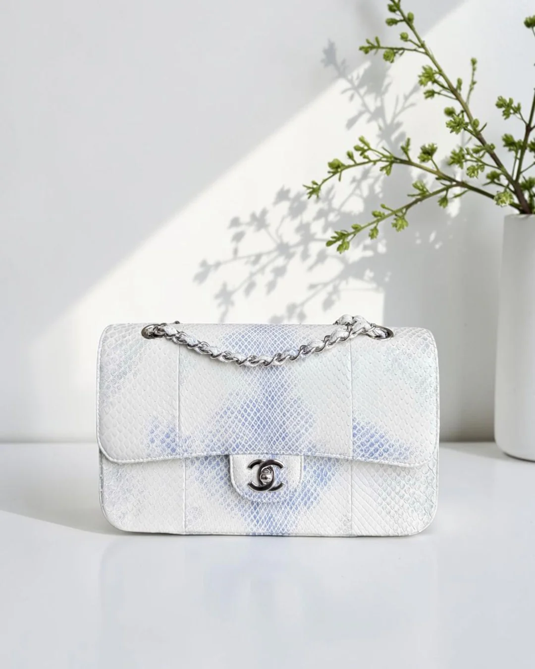 Chanel Classic Flap Medium - Python 25CM Quilted White Silver Hardware Series 23