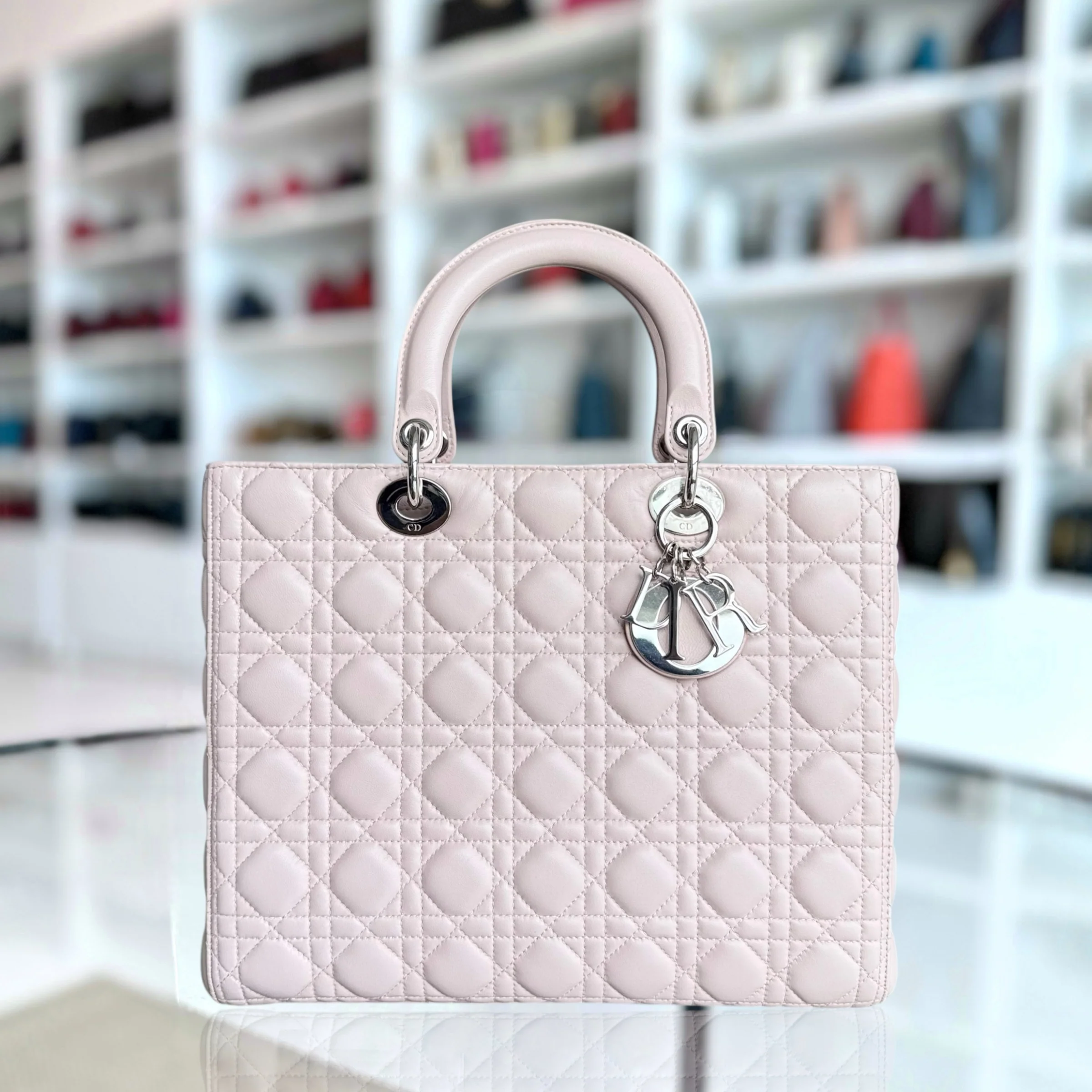 Dior Lady Large - Cannage Lambskin Light Pink Silver Hardware