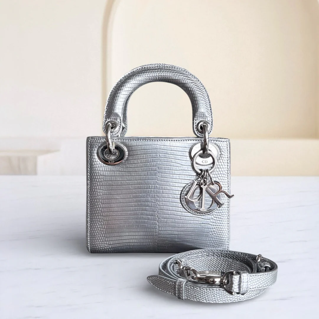 Dior Lady Mini - Exotic Lizard Gray Silver Hardware