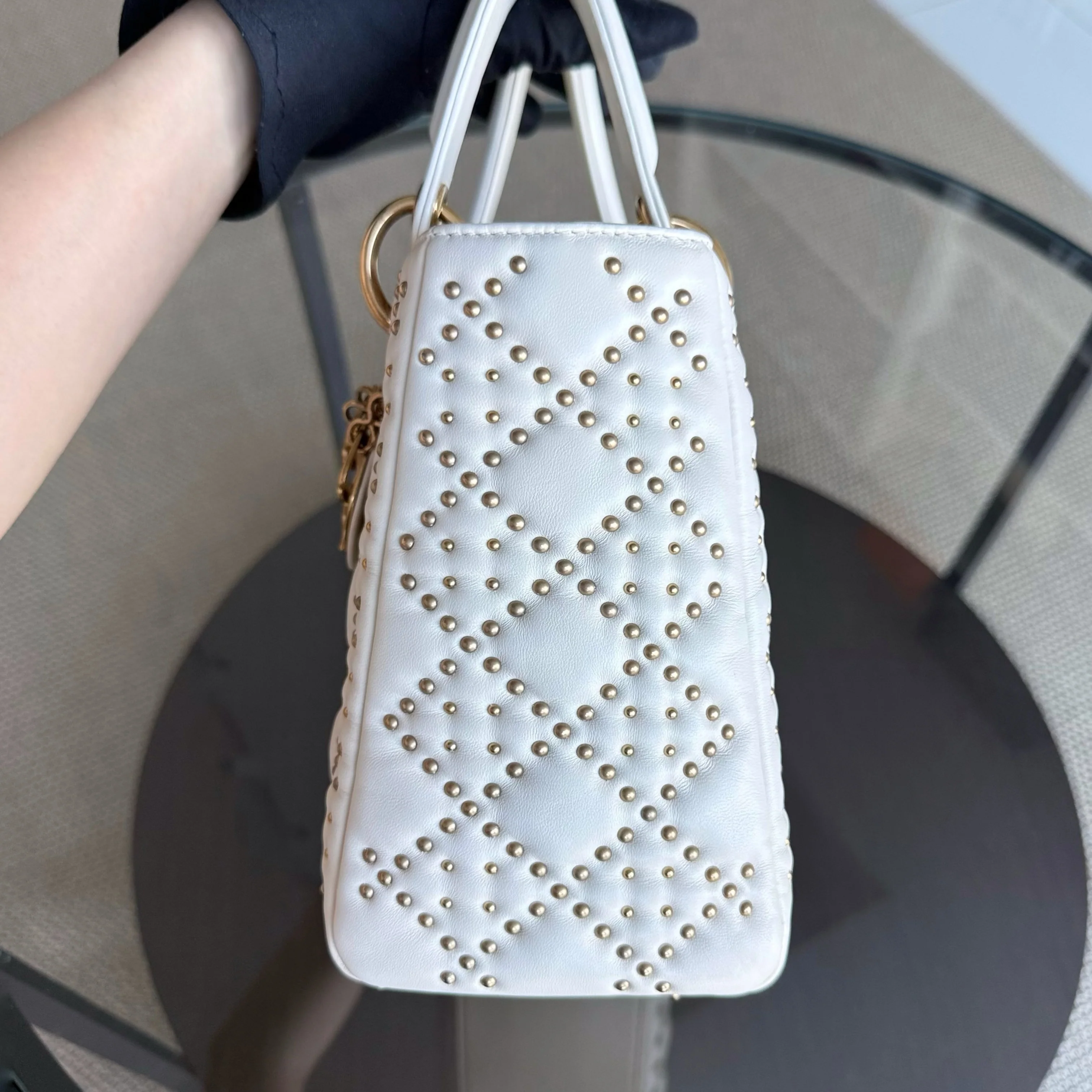 Dior Lady Medium - Cannage Calfskin Studded White Gold Hardware Zip Version