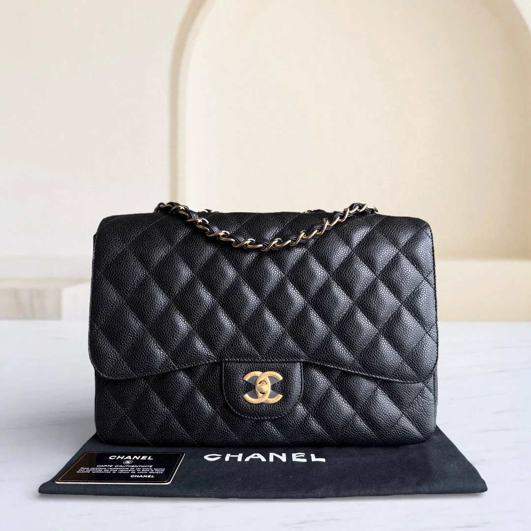 Chanel Classic Flap Jumbo - Caviar 30CM Single Flap Quilted Black Gold Hardware Series 13