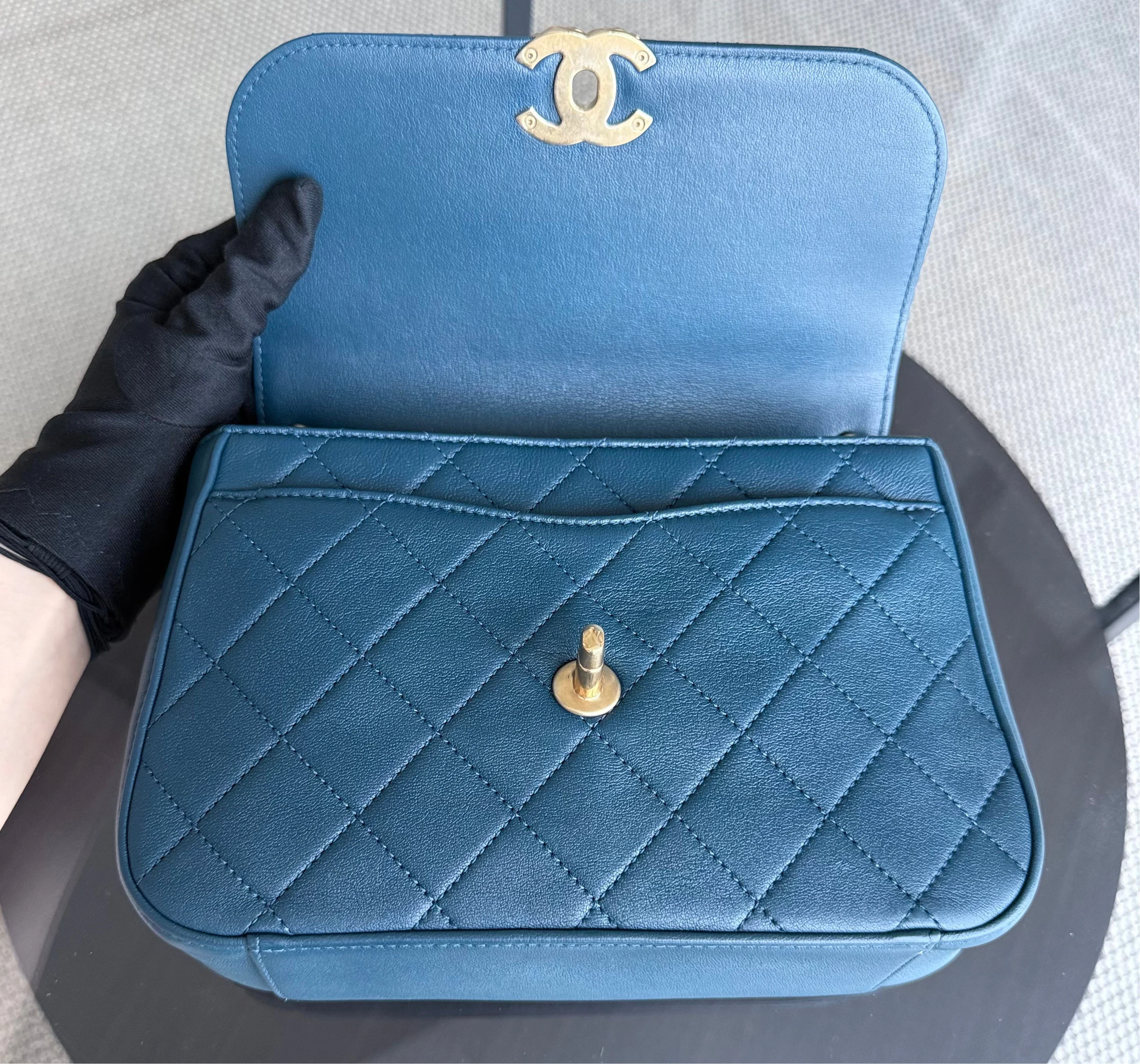 Chanel 19 Bag Flap - C19 With Top Handle Quilted Lambskin Navy Blue Gold Hardware Series 28