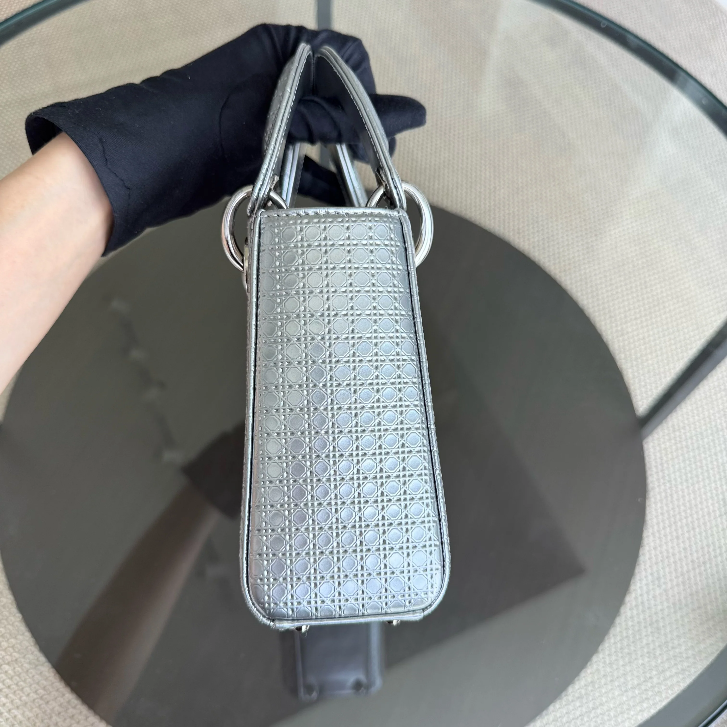 Dior Lady Mini - Micro Cannage Metallic Silver Hardware Adjustable Strap