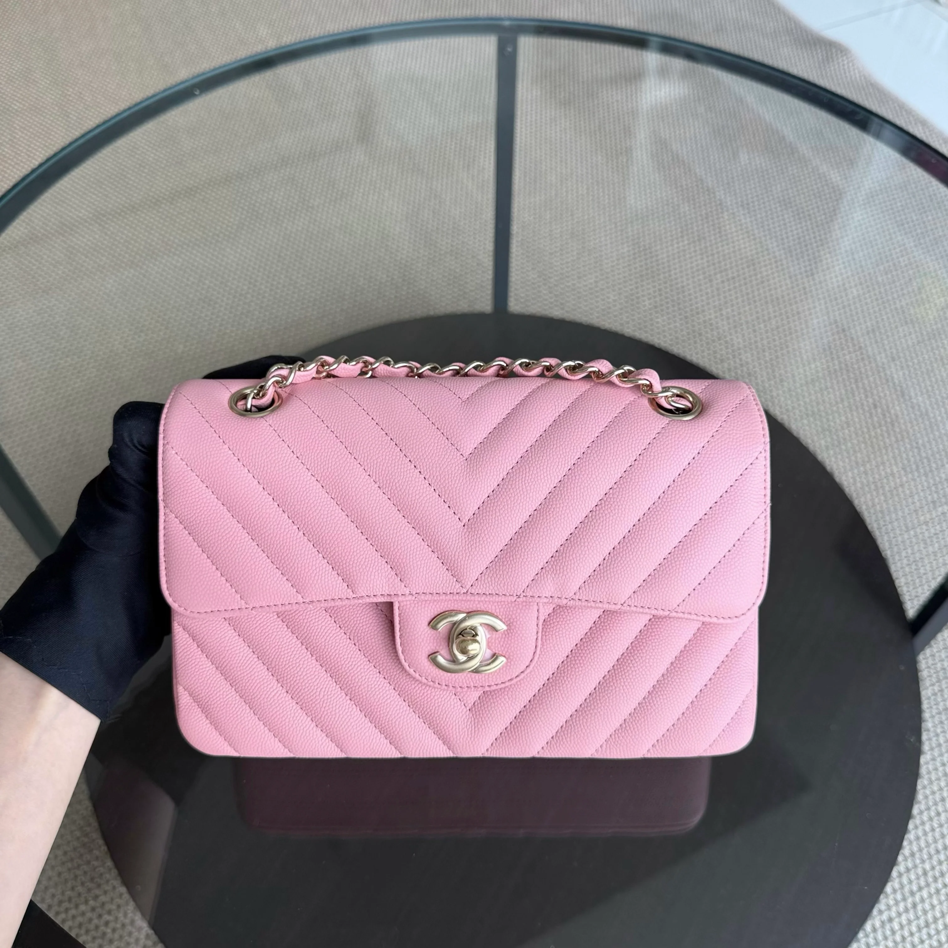 Chanel Classic Flap Small - Caviar 23CM Chevron Light Pink Gold Hardware Series 28