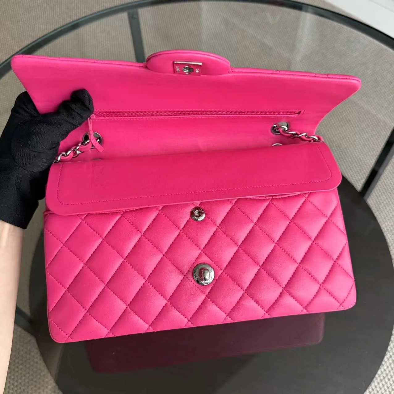 Chanel Classic Flap Medium Bag - Quilted Lambskin Hot Pink Silver Hardware Series 19