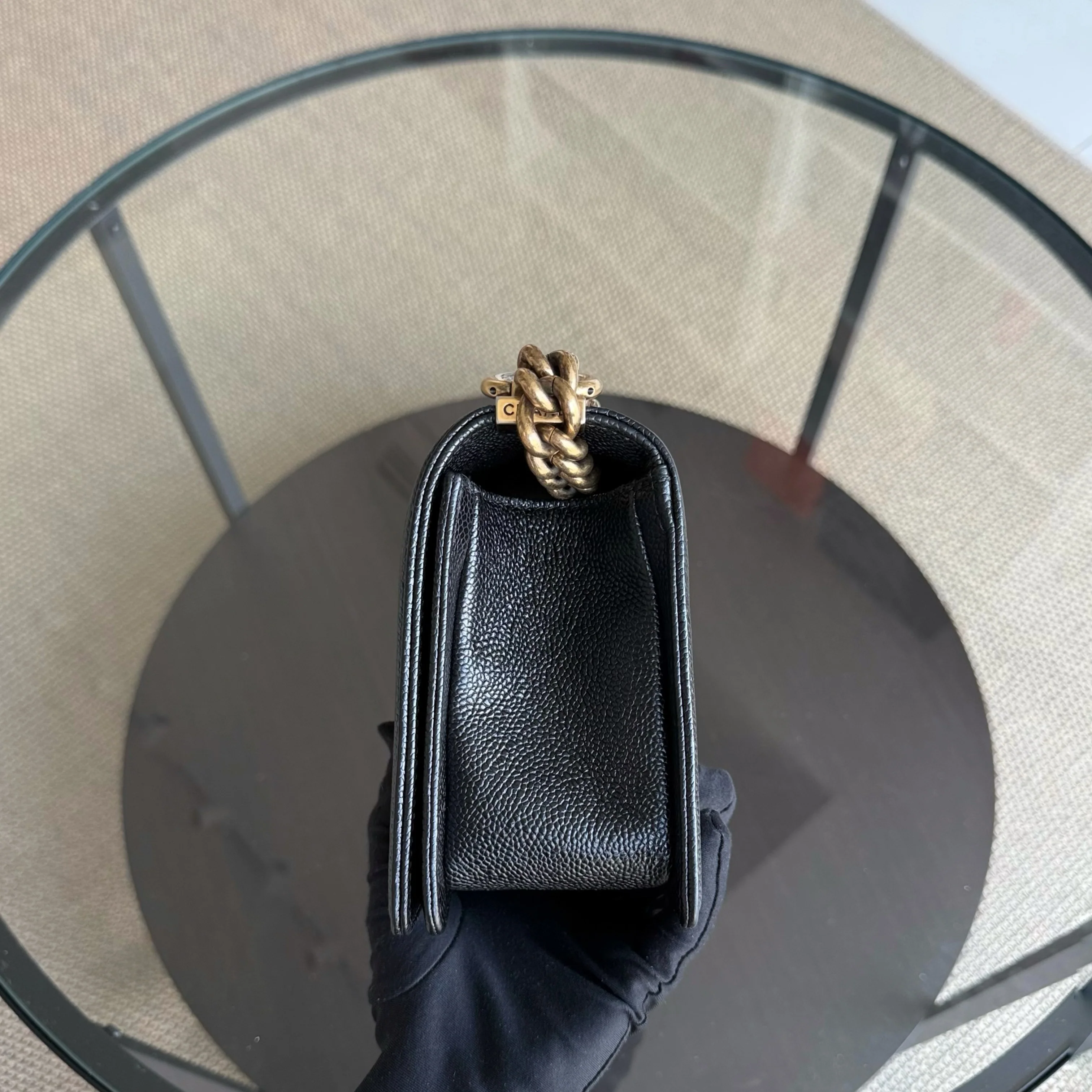 Chanel Boy Old Medium - Caivar Quilted Grained Calfskin Black Ruthenium Gold Hardware Series 19