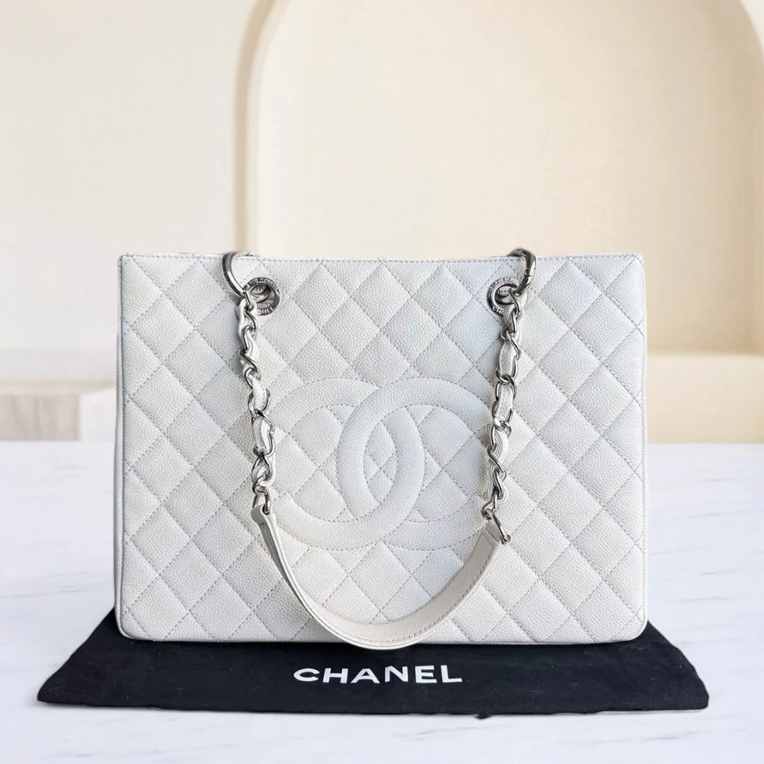 Chanel GST Grand Shopping Tote - Caviar Quilted White Silver Hardware Series 18