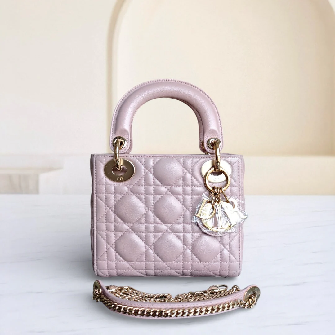 Dior Lady Mini - Cannage Lambskin Light Pink Gold Hardware Chain Strap