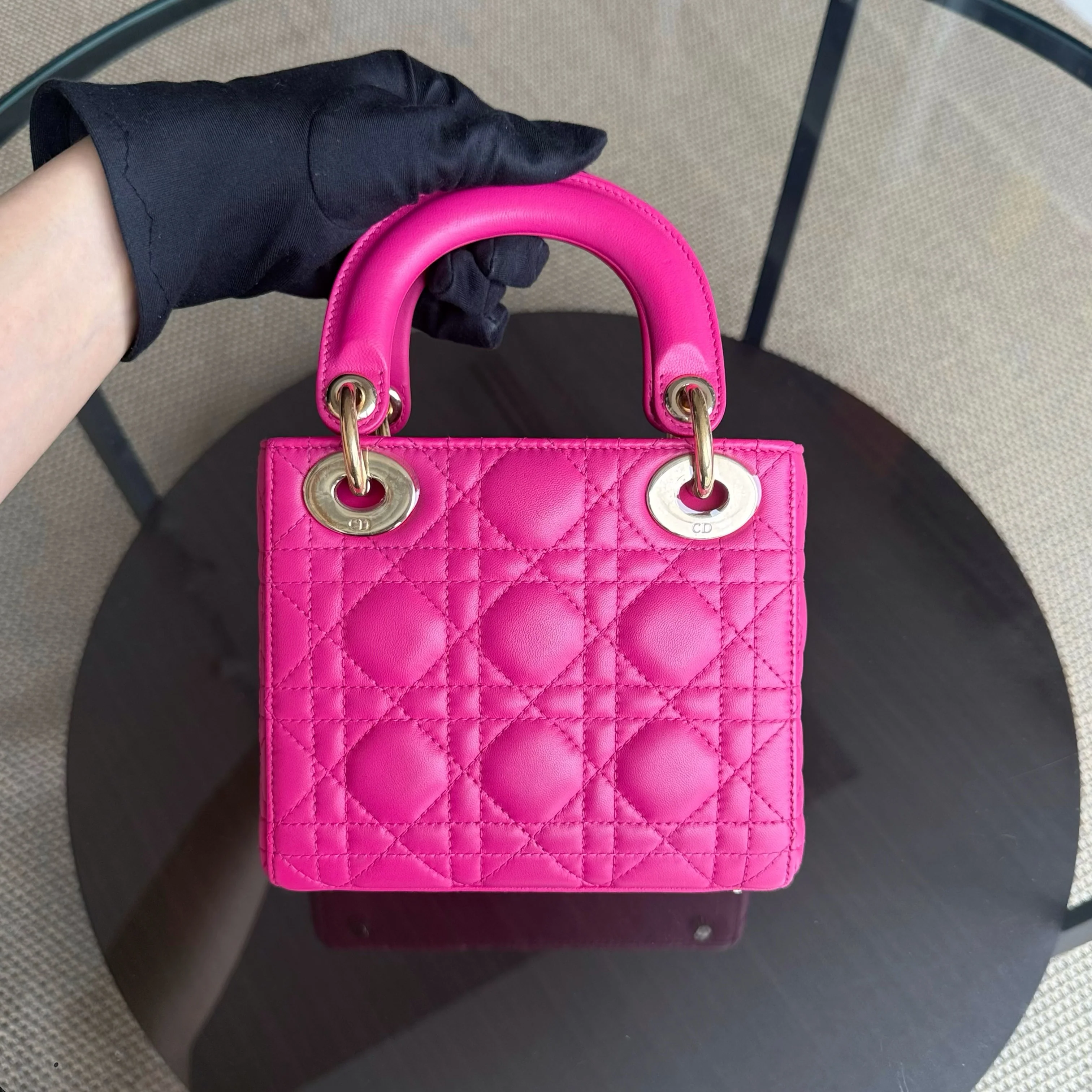 Dior Lady Mini - Cannage Lambskin Hot Pink Gold Hardware Adjustable Strap