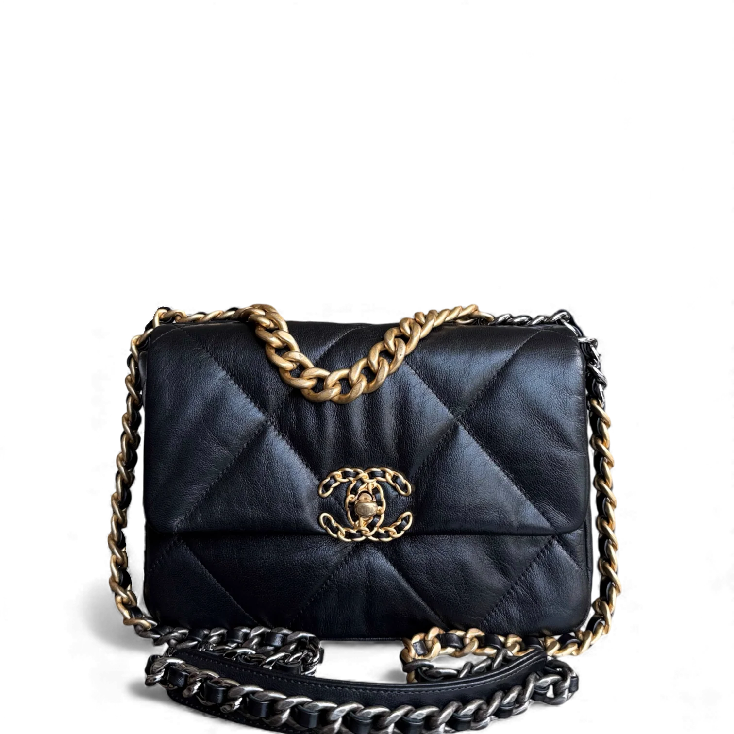 Chanel 19Bag C19 Small - Quilted Goatskin Black Gold Two-tone Hardware Series 30