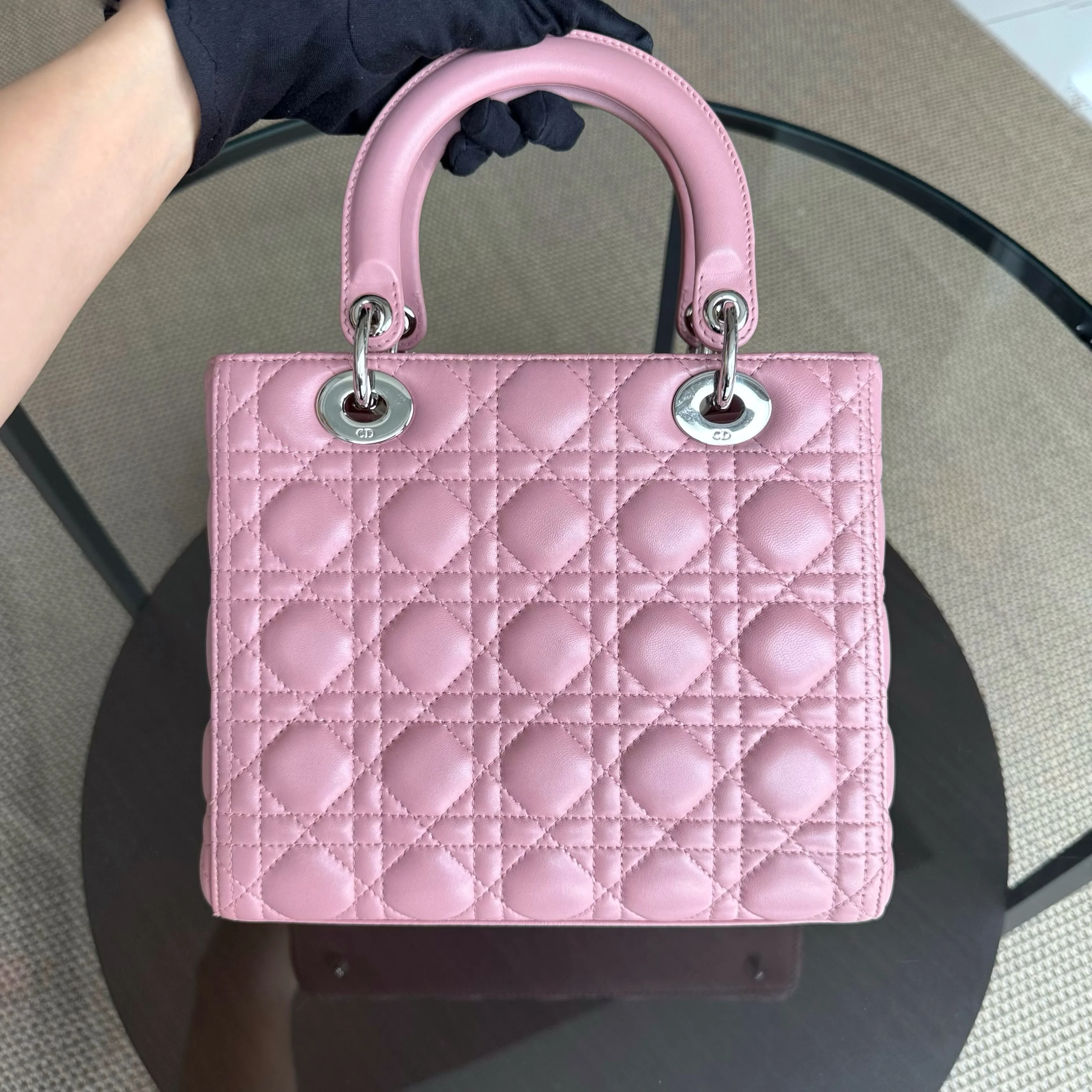 Dior Lady Medium Cannage Lambskin Pink Silver Hardware