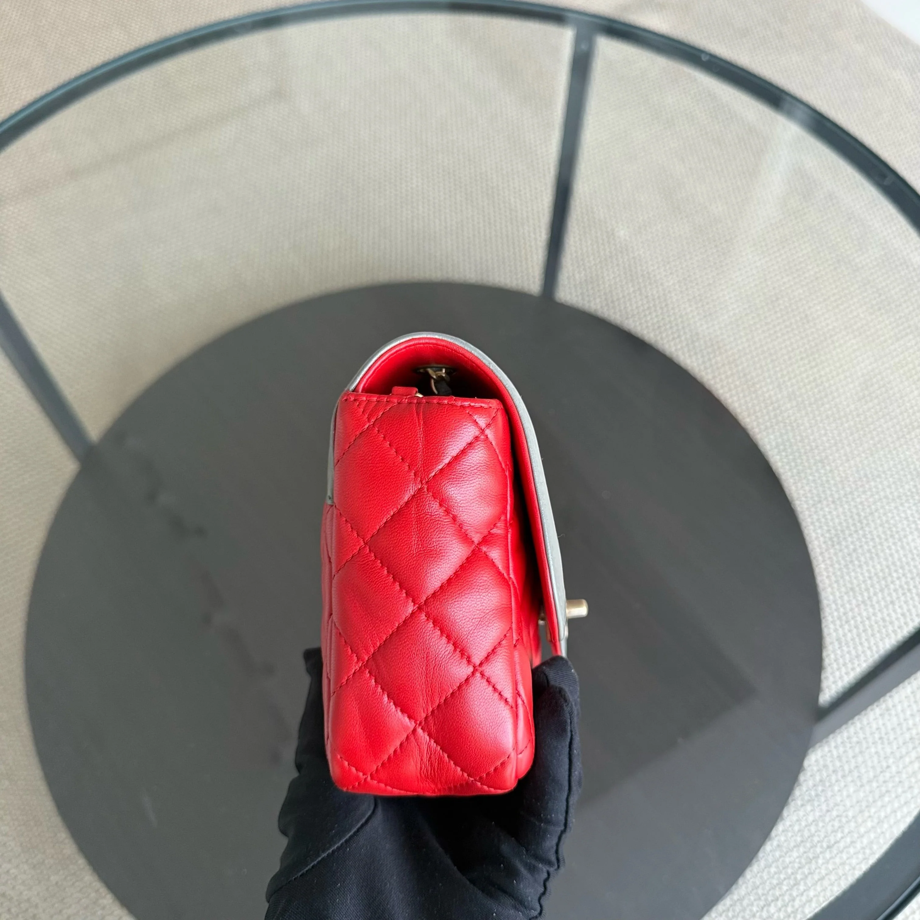 Chanel Seasonal Flap - Two Tone Quilted Lambskin Red Grey Golden Hardware Series 23