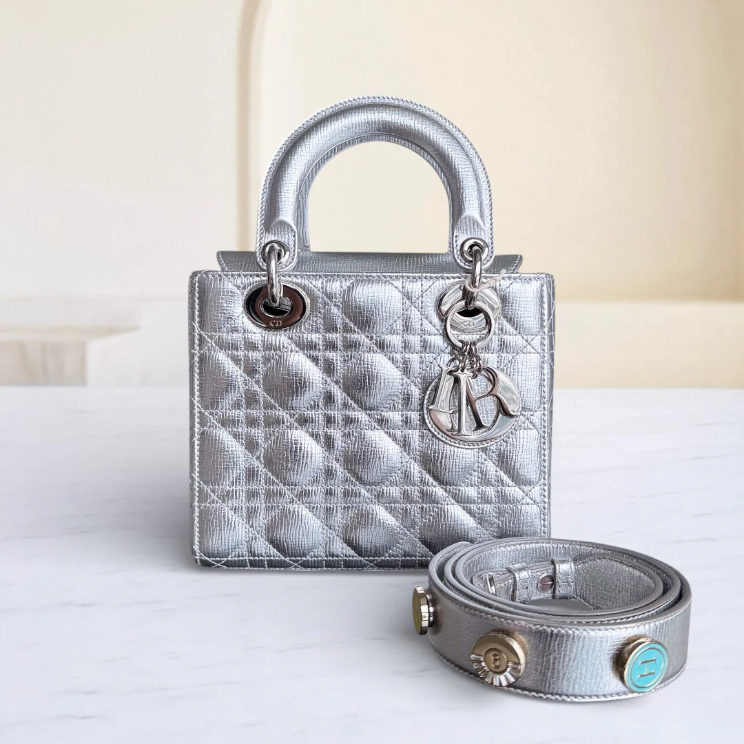 Dior Lady Small - Cannage Metallic Calfskin Silver Silver Hardware