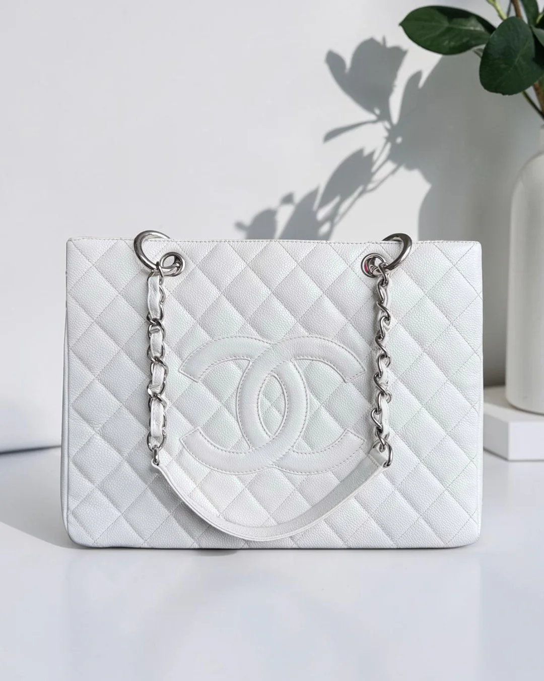 Chanel GST Grand Shopping Tote - Caviar Quilted White Silver Hardware