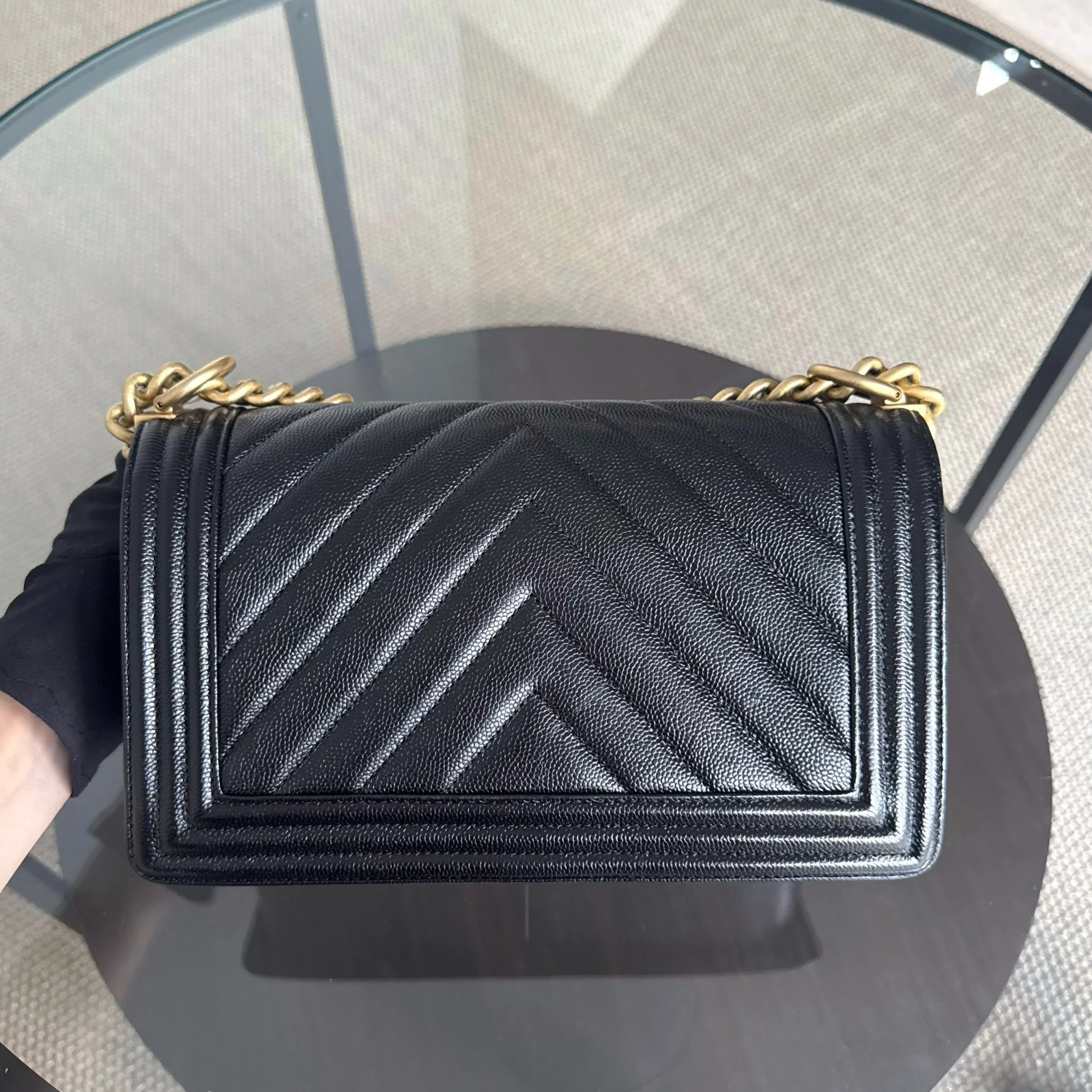 Chanel Boy Medium - Caviar 25CM Chevron Black Gold Hardware Series 24