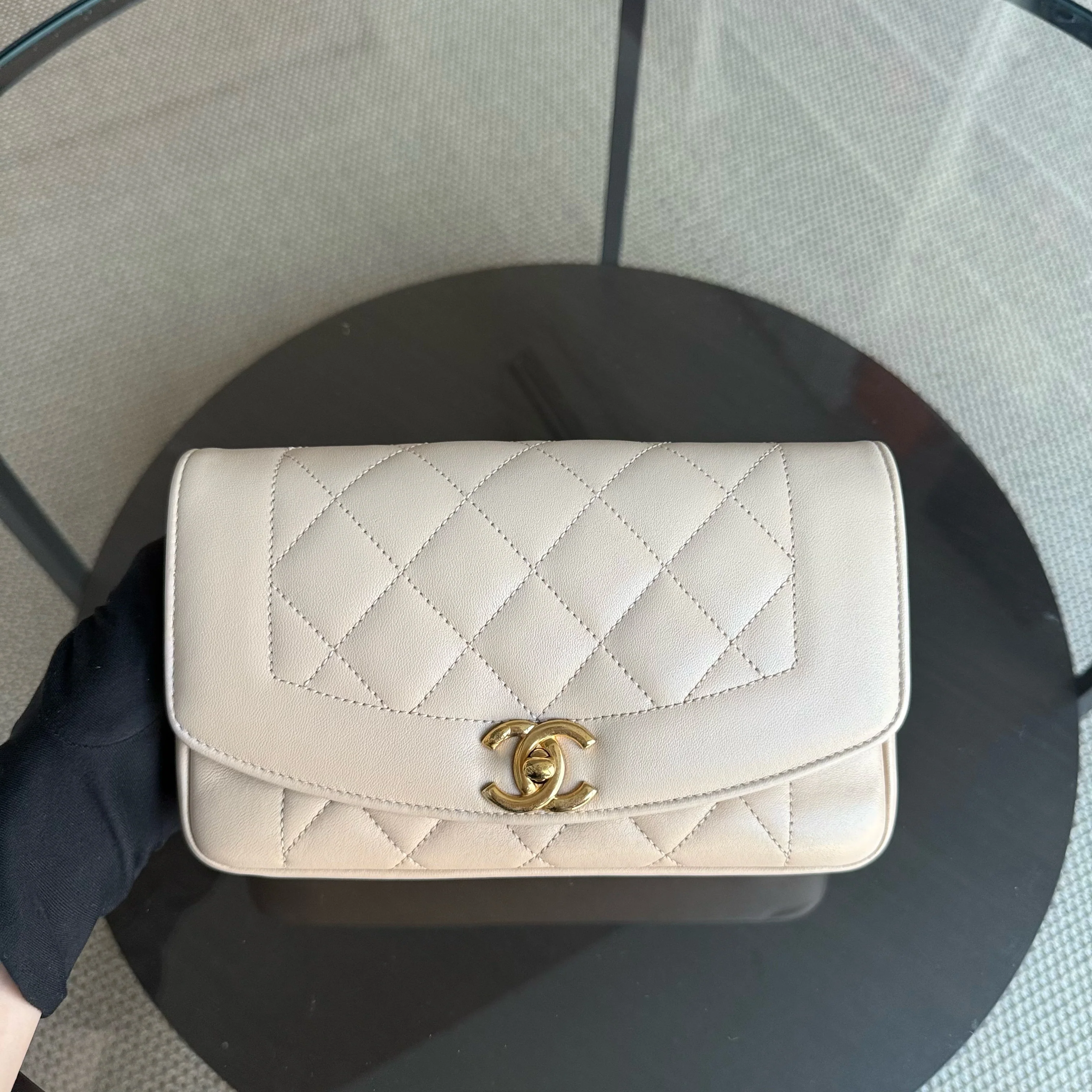 Chanel Diana Small - 22CM Quilted Lambskin Beige Gold Hardware Series 20